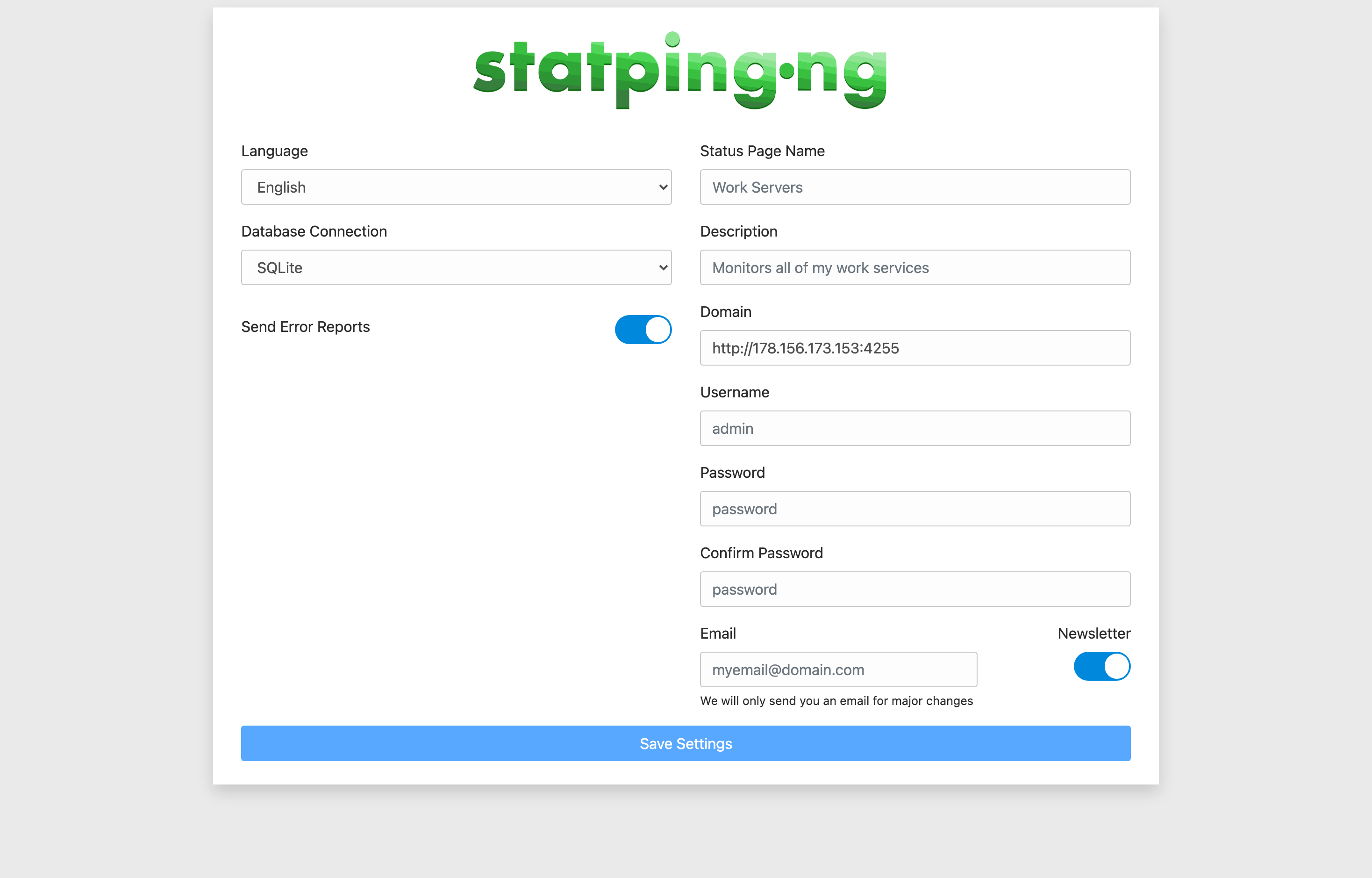 The deployed Statping-ng web UI loaded in a browser