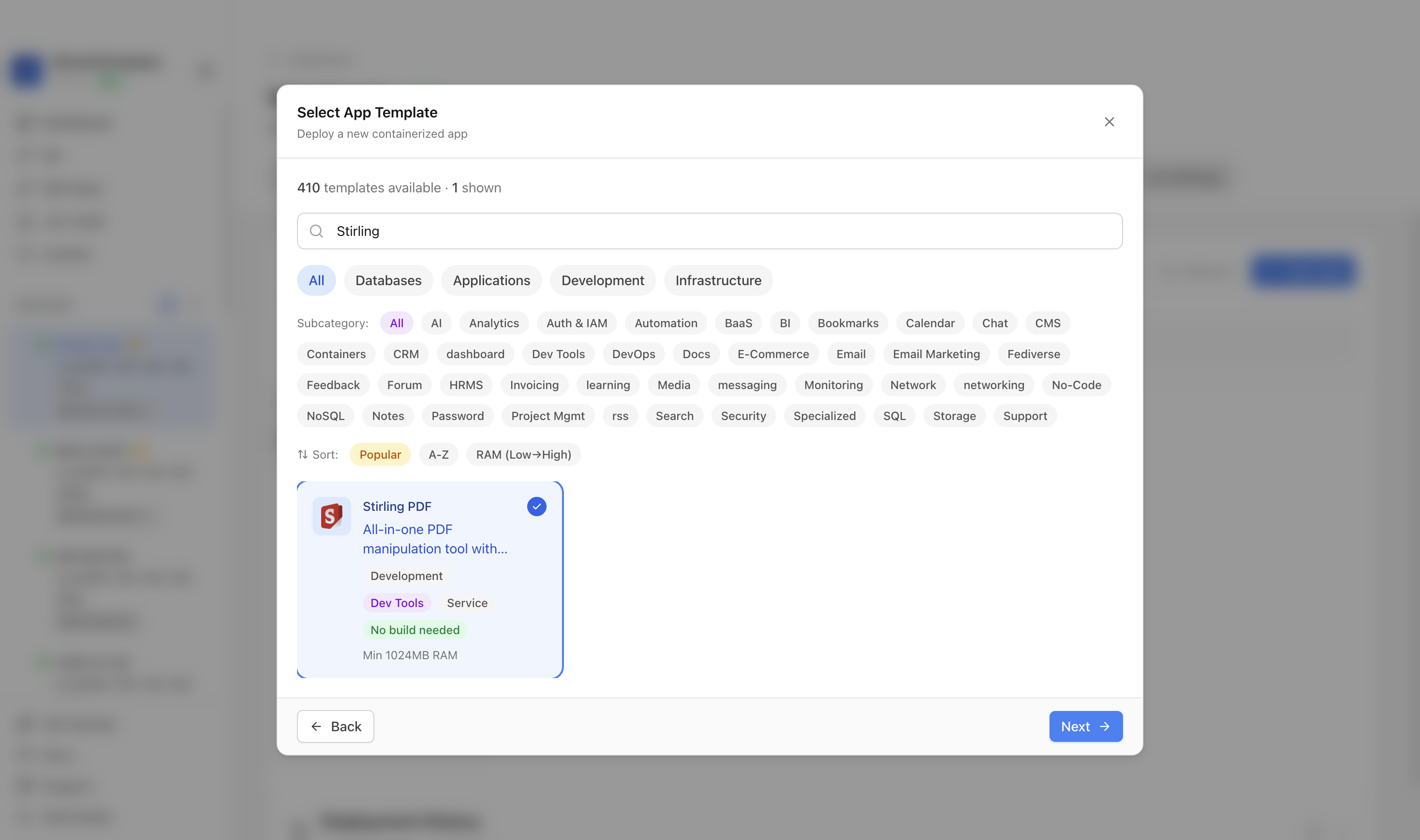 Stirling PDF template selected in Server Compass