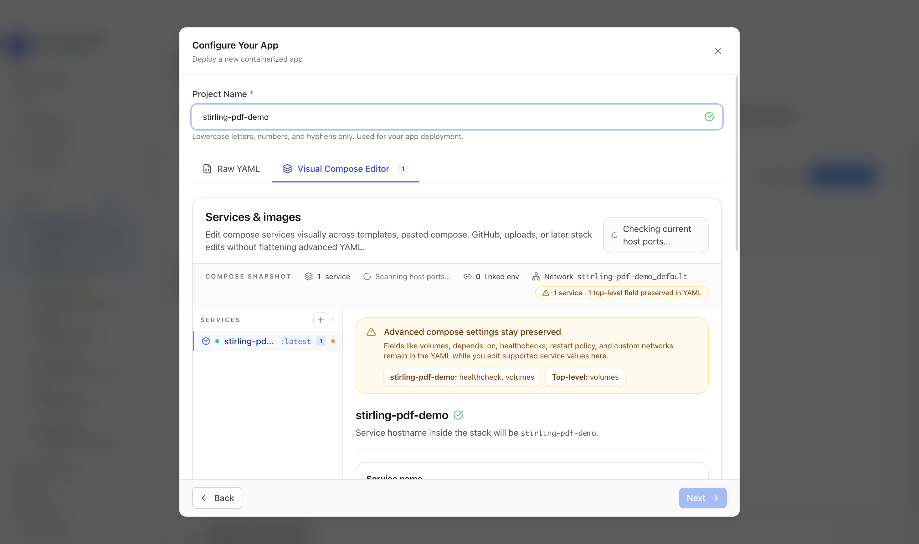 Reviewing Stirling PDF project settings and compose services