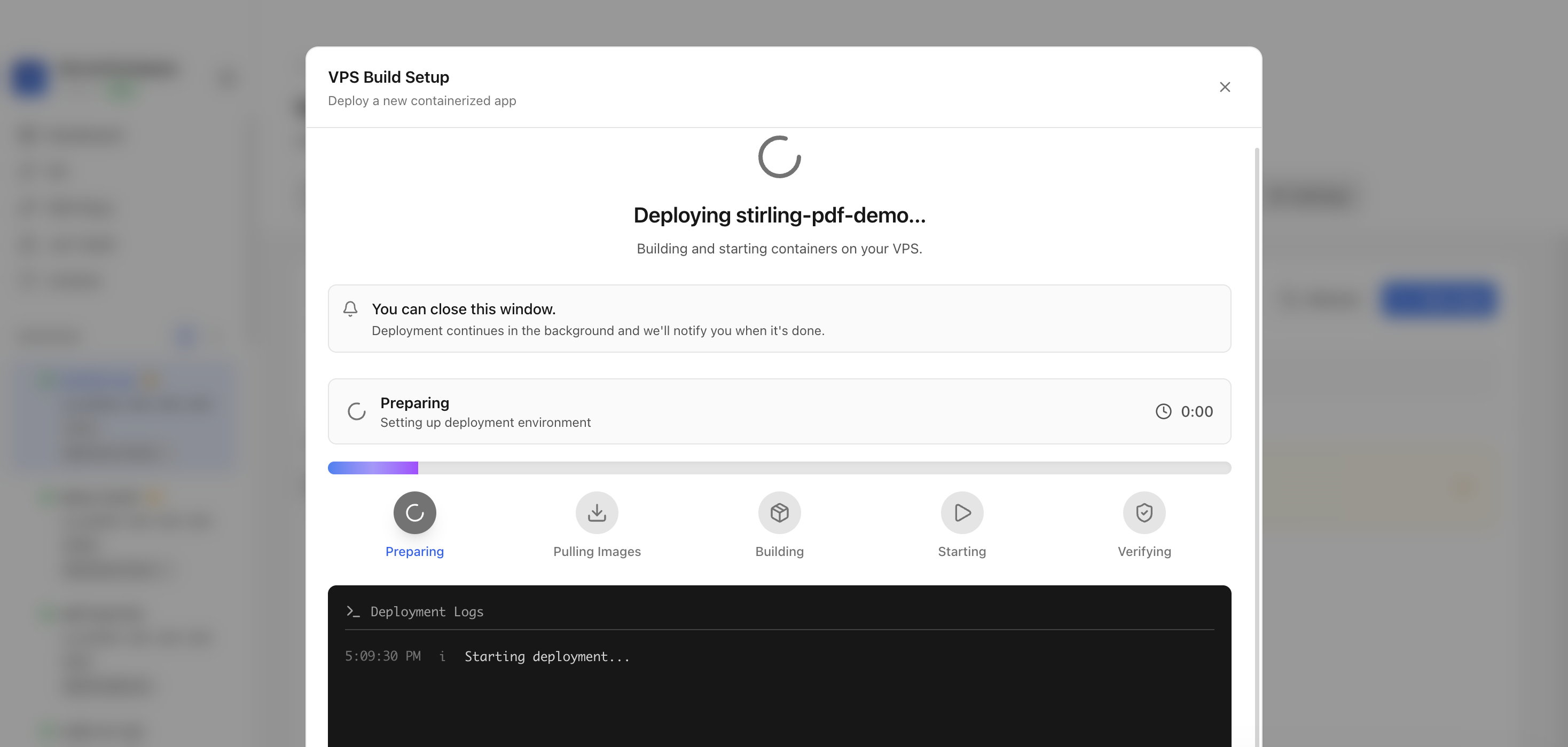 Server Compass deploying the Stirling PDF template on the VPS