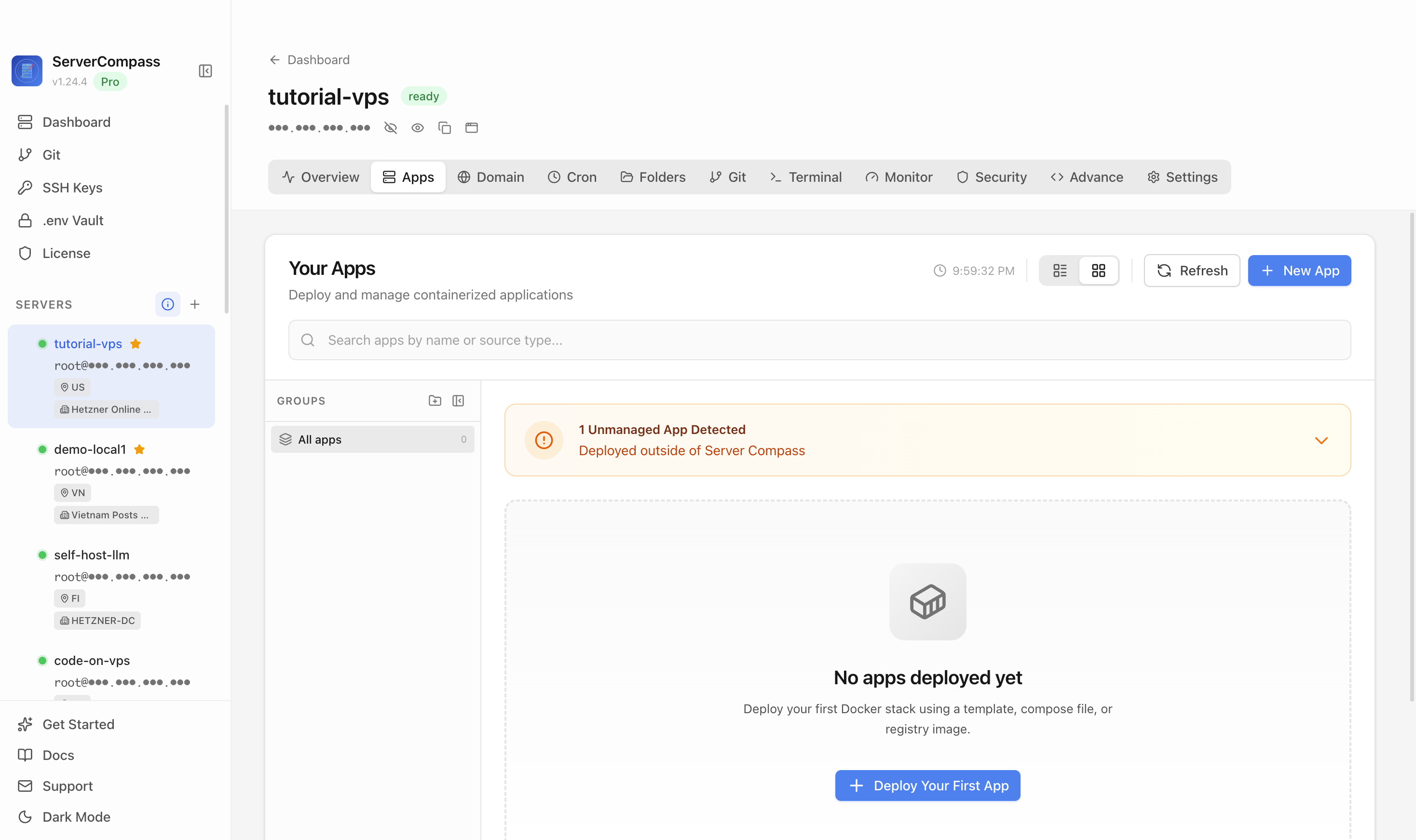 Server Compass Apps tab before creating a Strapi app