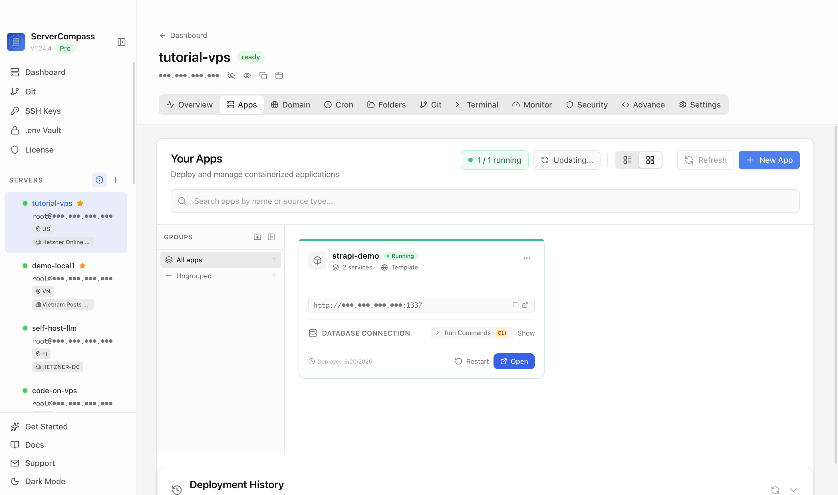 Strapi template running in the Server Compass Apps tab