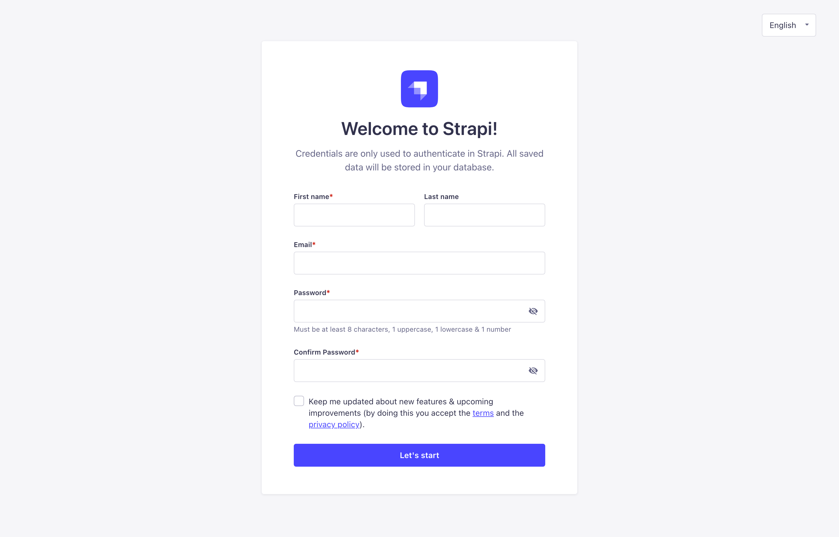 The deployed Strapi admin setup screen loaded in a browser