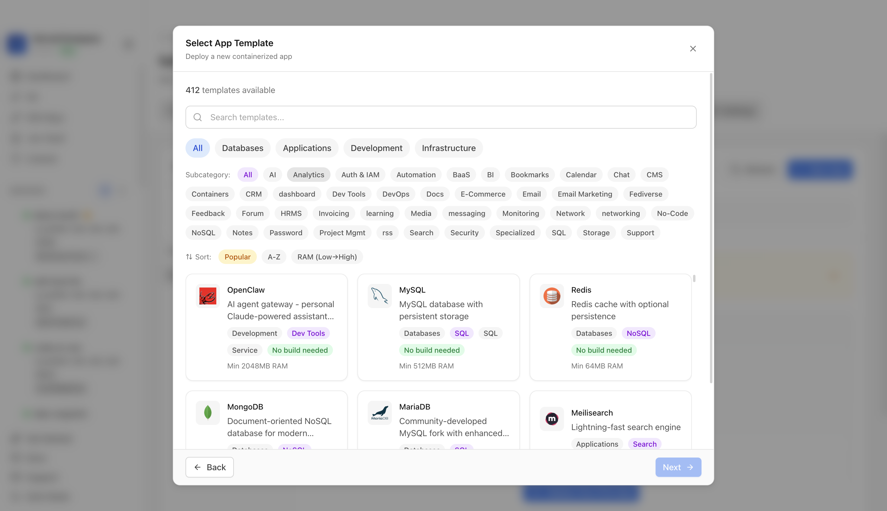 Choosing to deploy an app from a Server Compass template