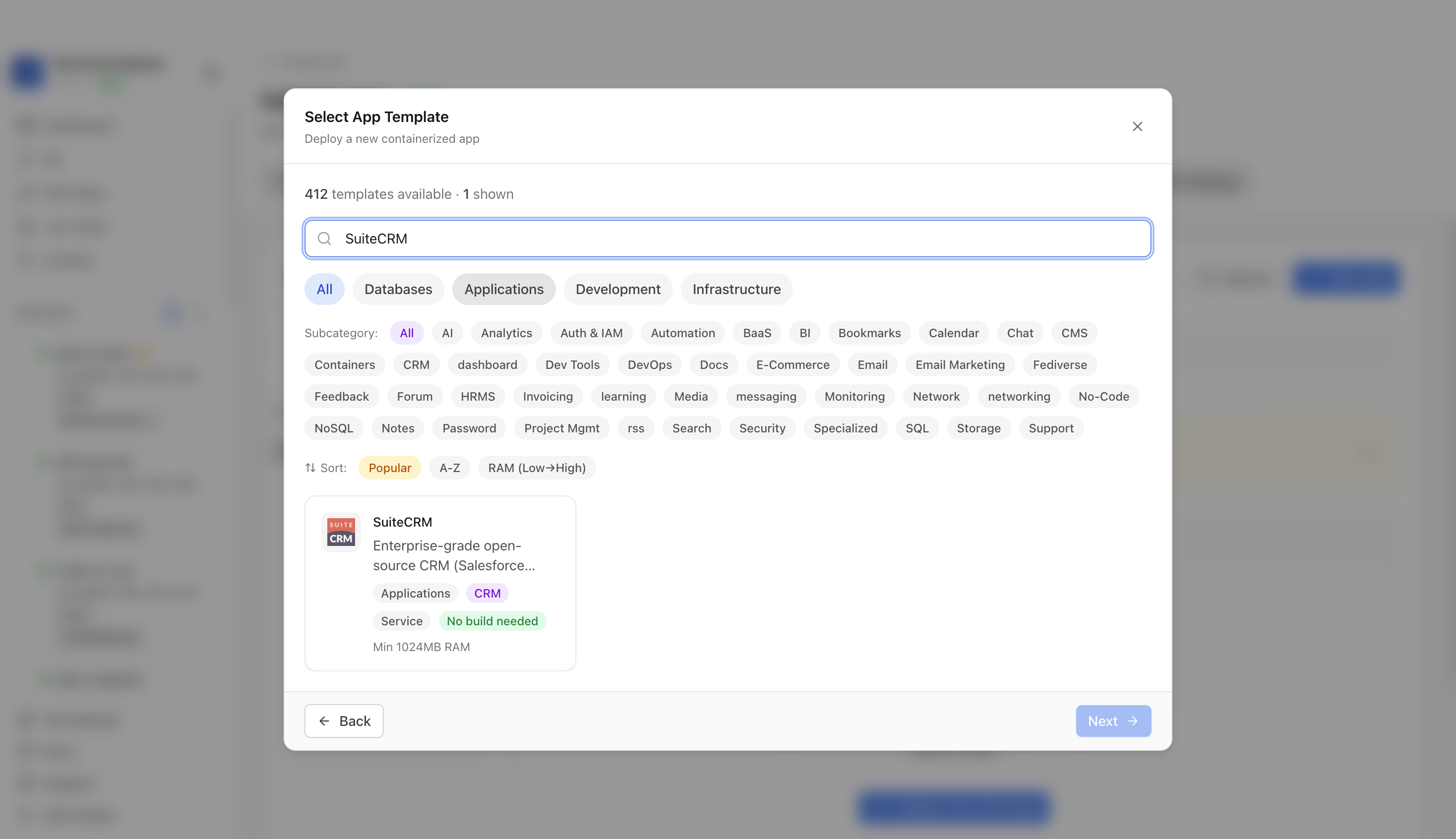 Searching for SuiteCRM in the Server Compass template picker