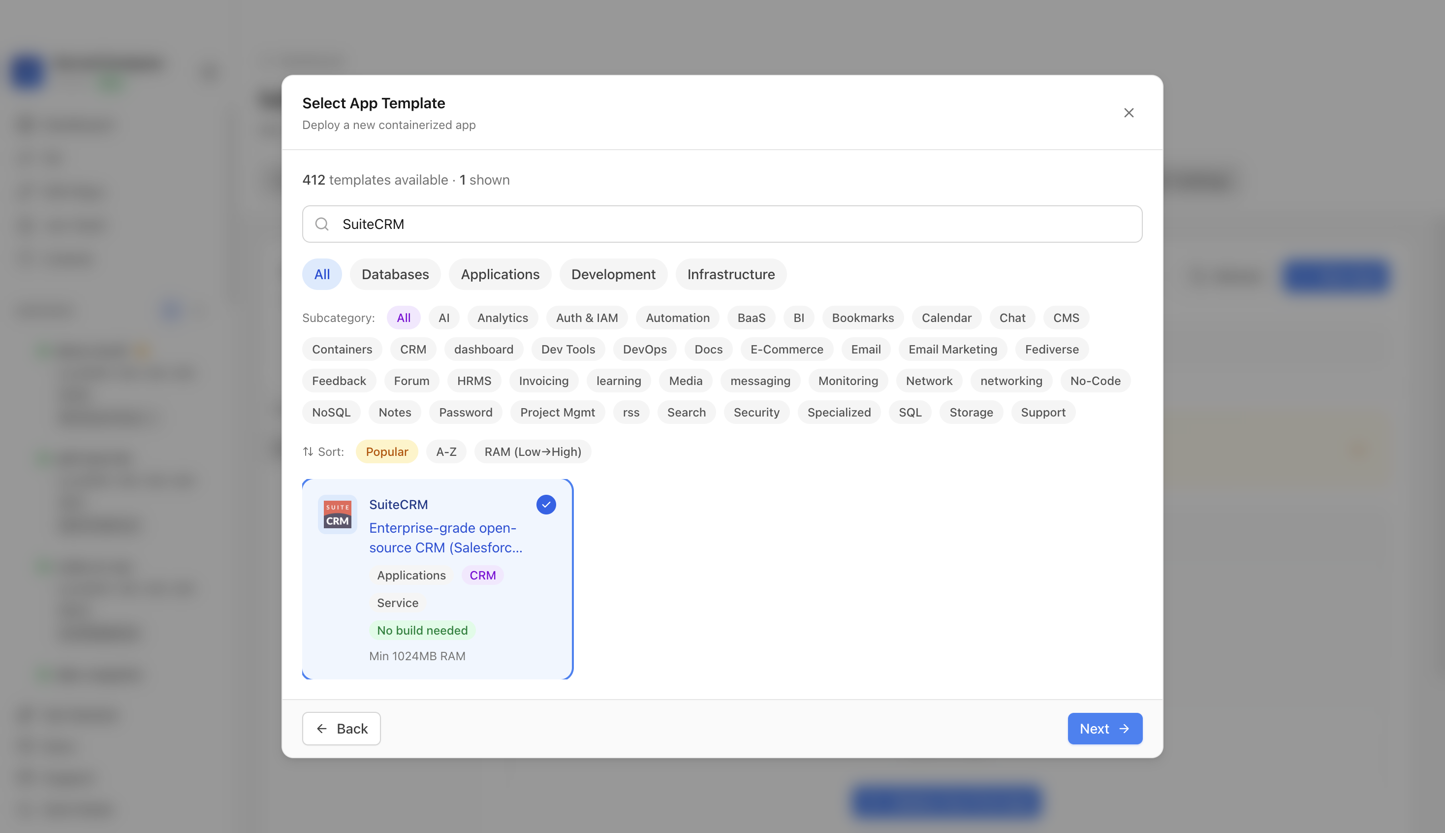 SuiteCRM template selected in Server Compass