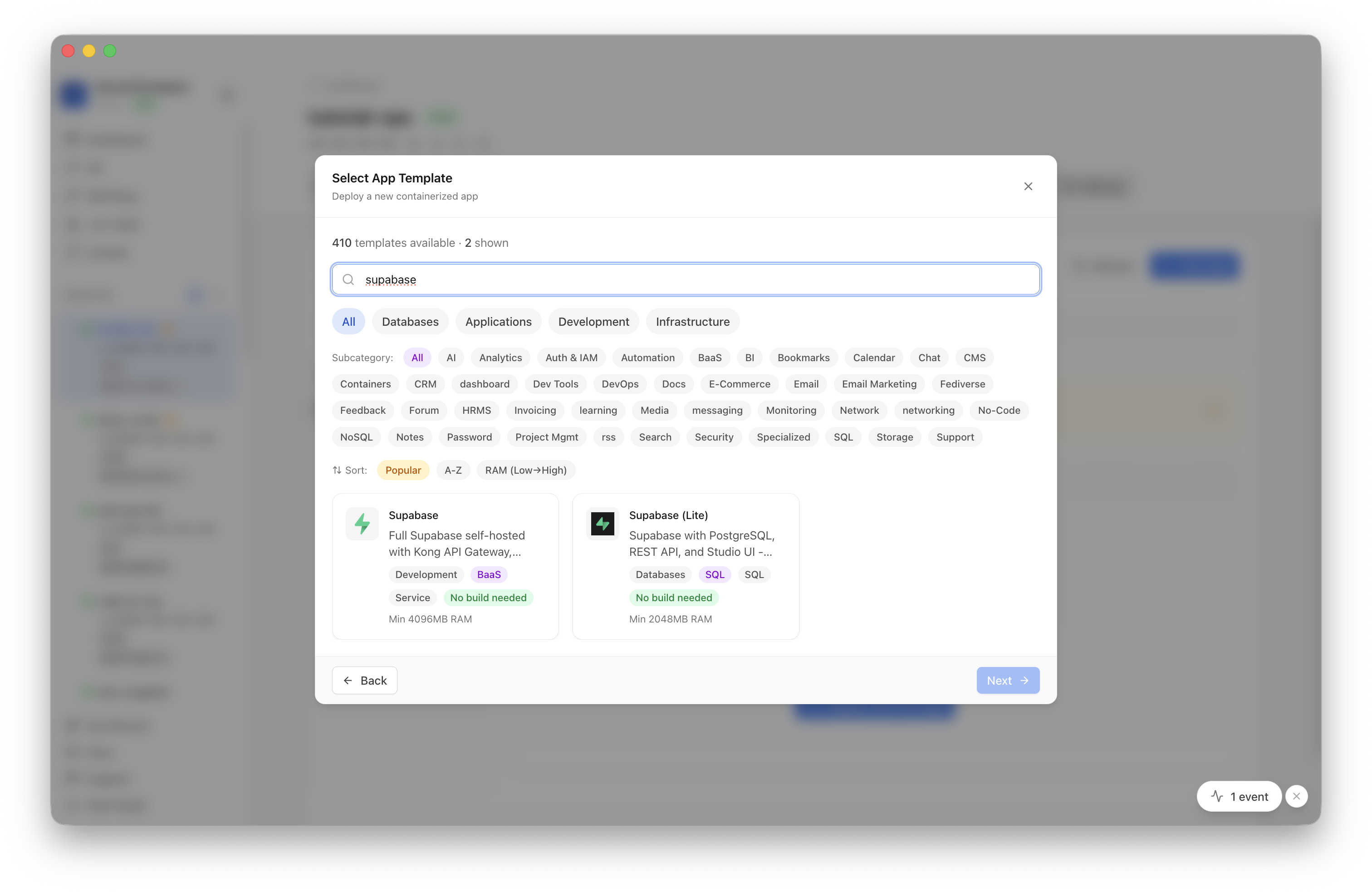 Searching for Supabase Lite in the Server Compass template picker