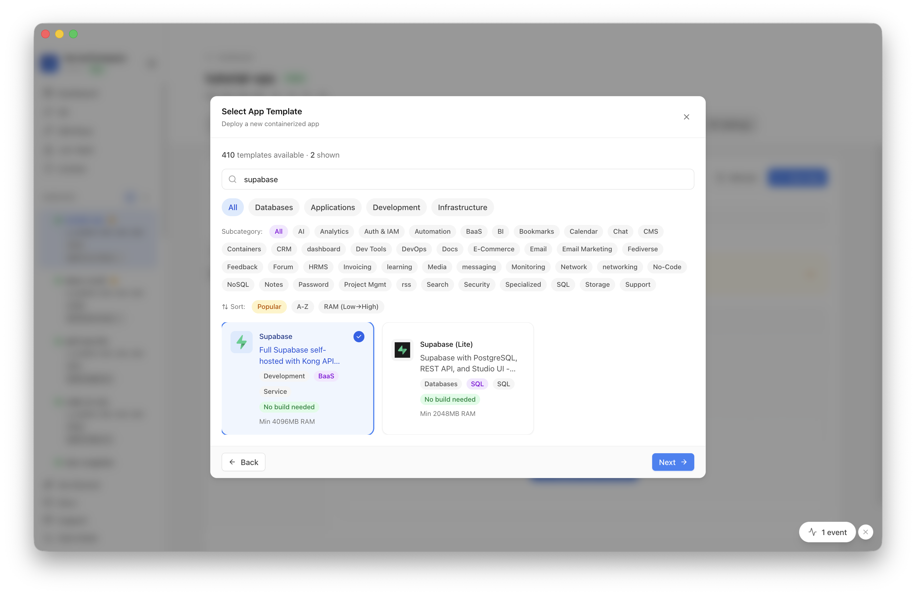 Full Supabase Lite template selected in Server Compass