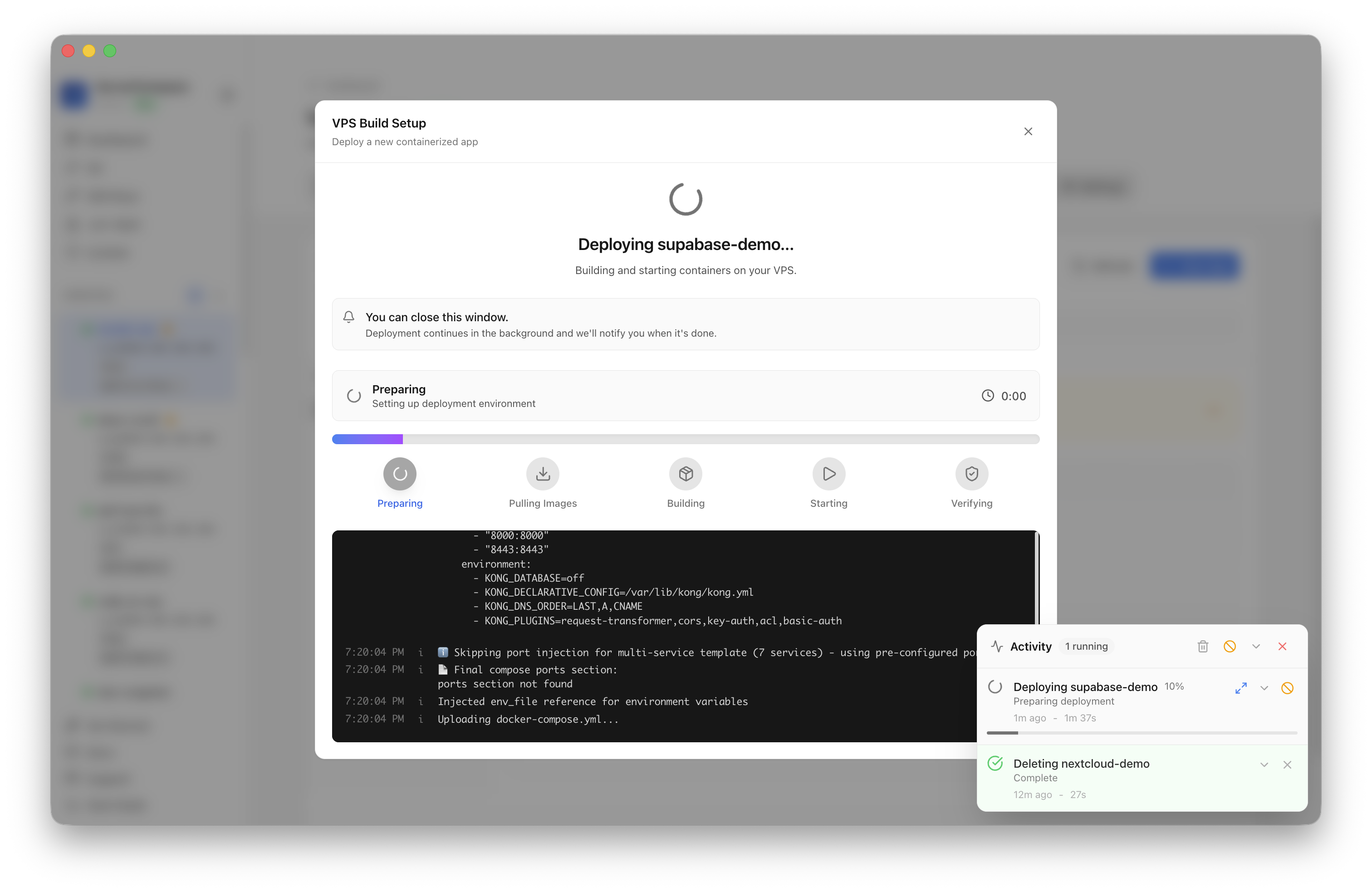 Server Compass deployment activity for the Supabase Lite template