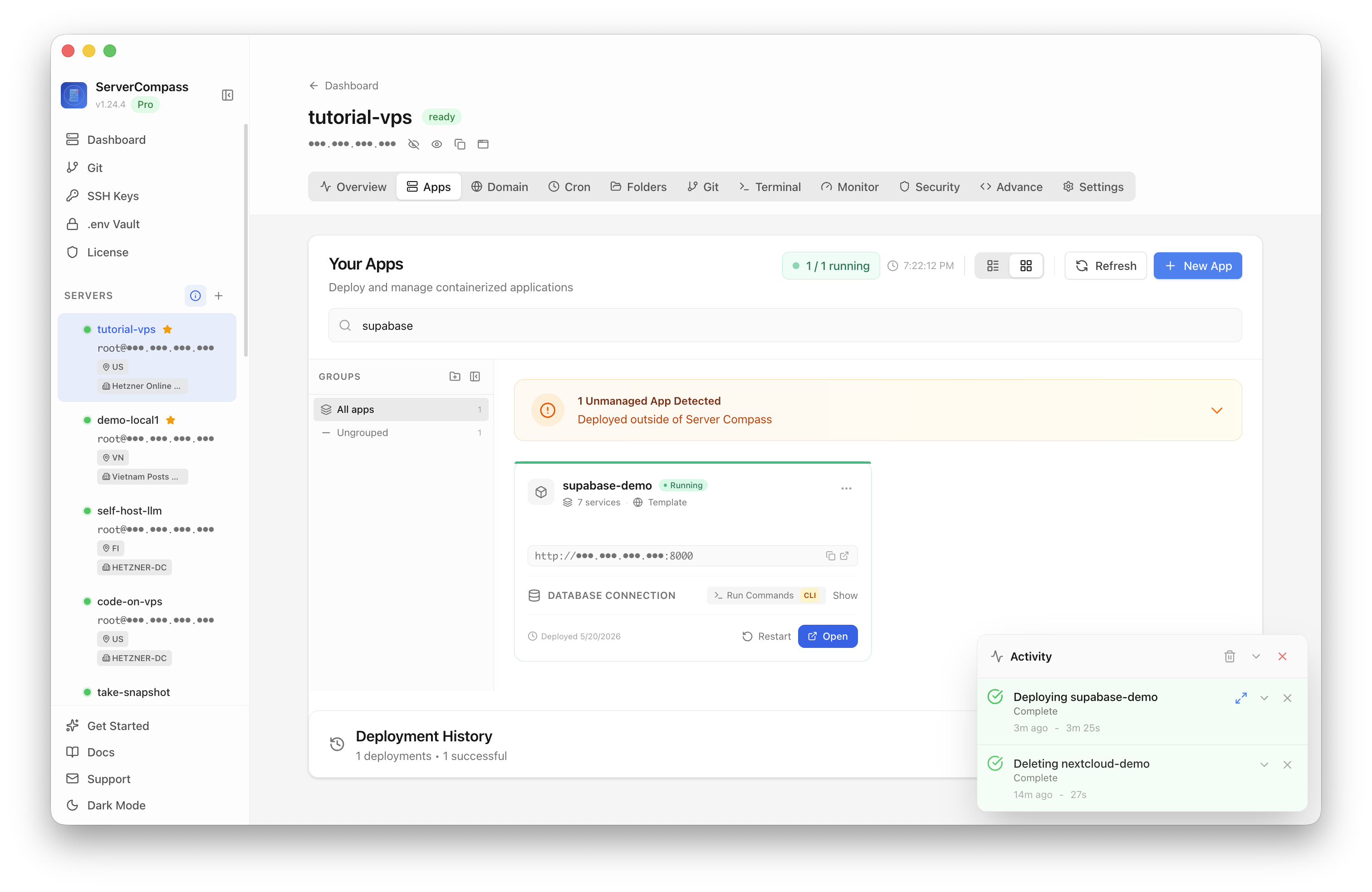 Supabase Lite template running in the Server Compass Apps tab