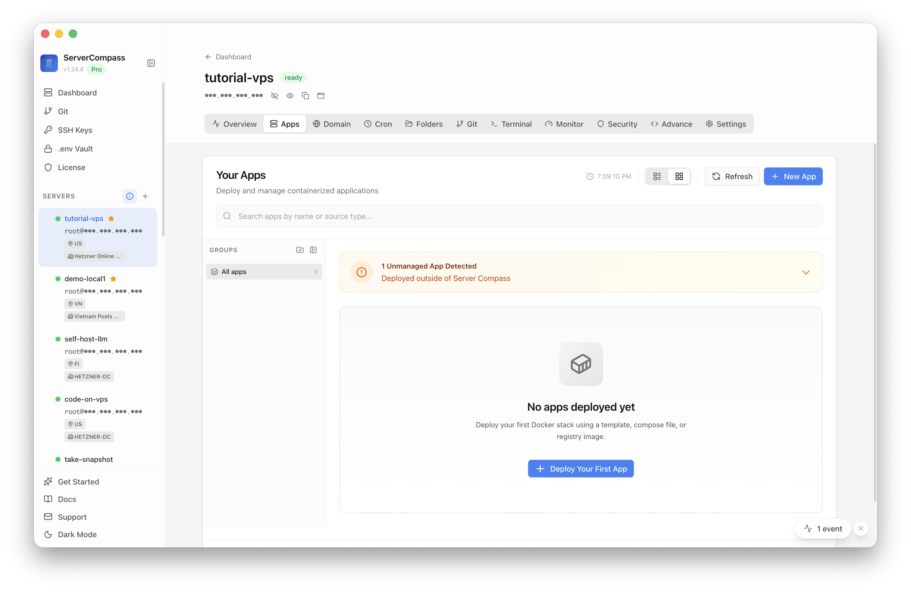 Server Compass Apps tab before creating a Supabase app