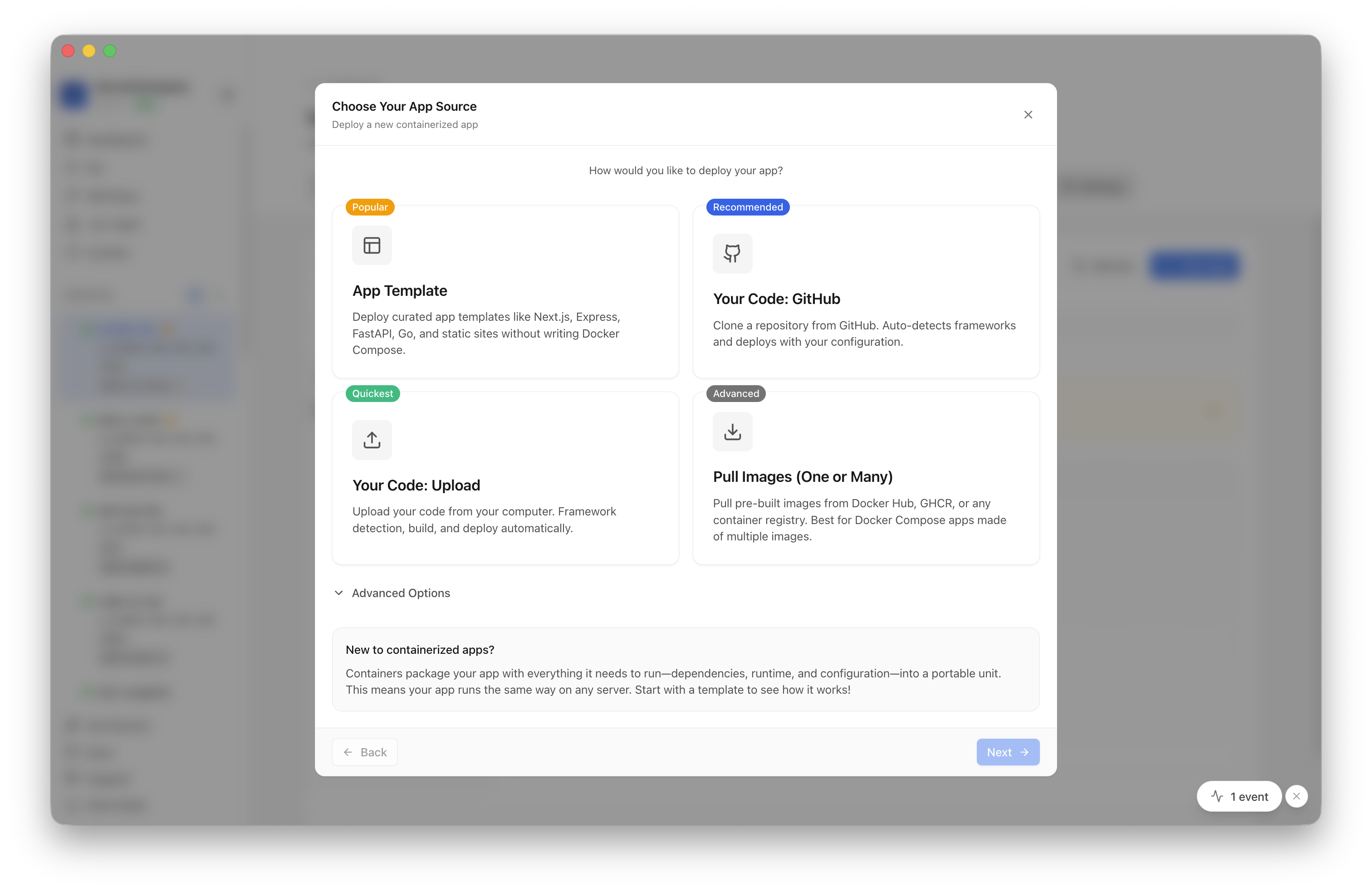 Choosing to deploy an app from a Server Compass template