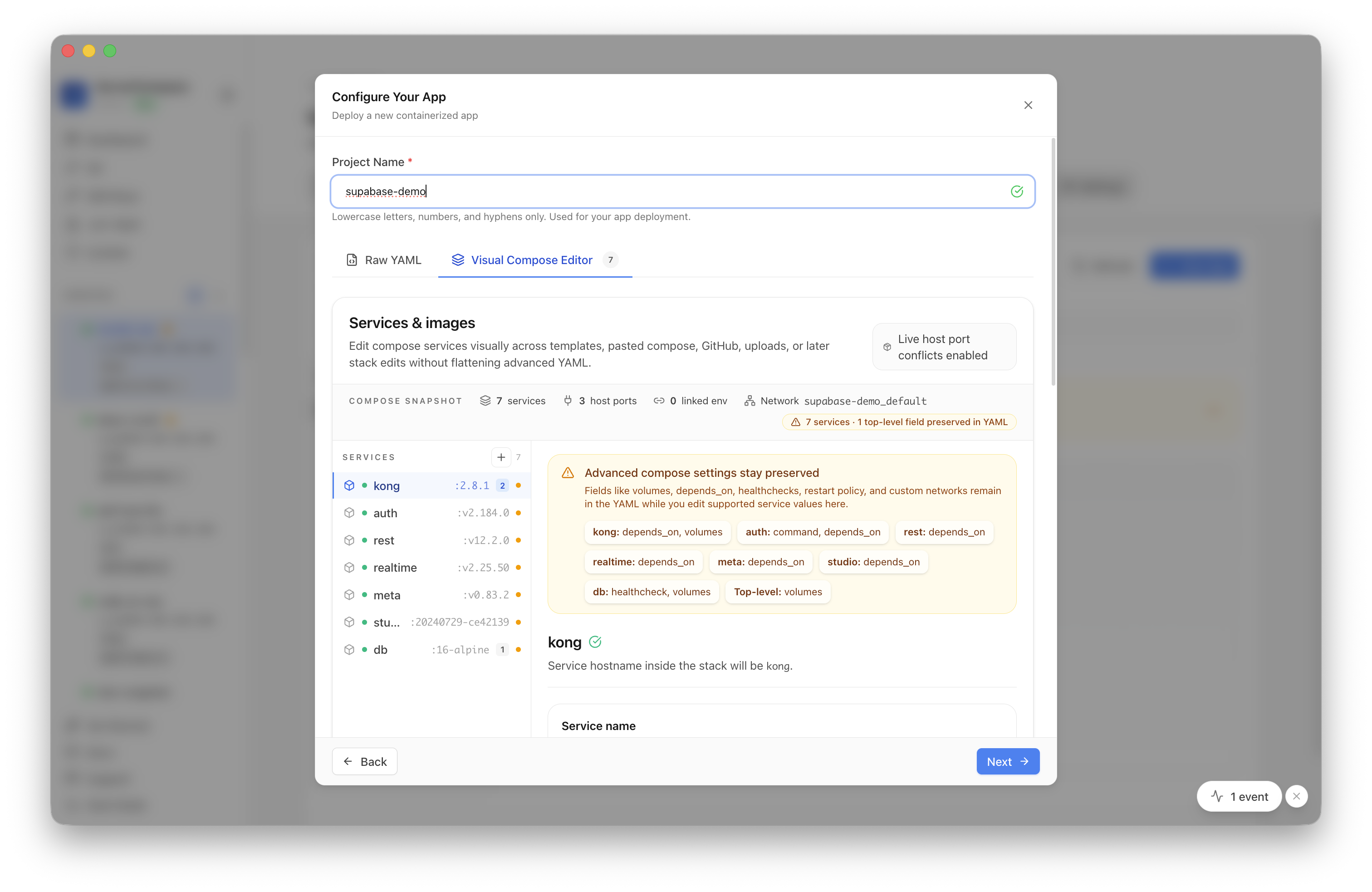 Reviewing generated Supabase services and host ports