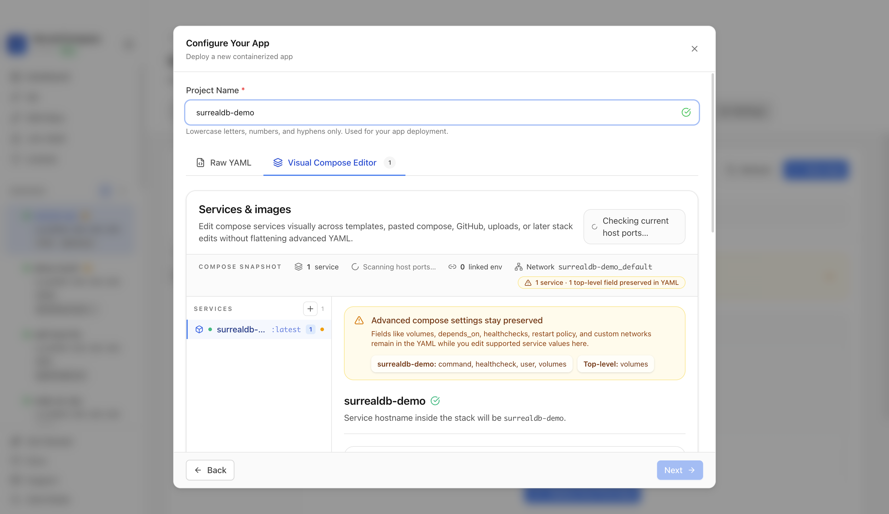 Reviewing SurrealDB project settings and compose services