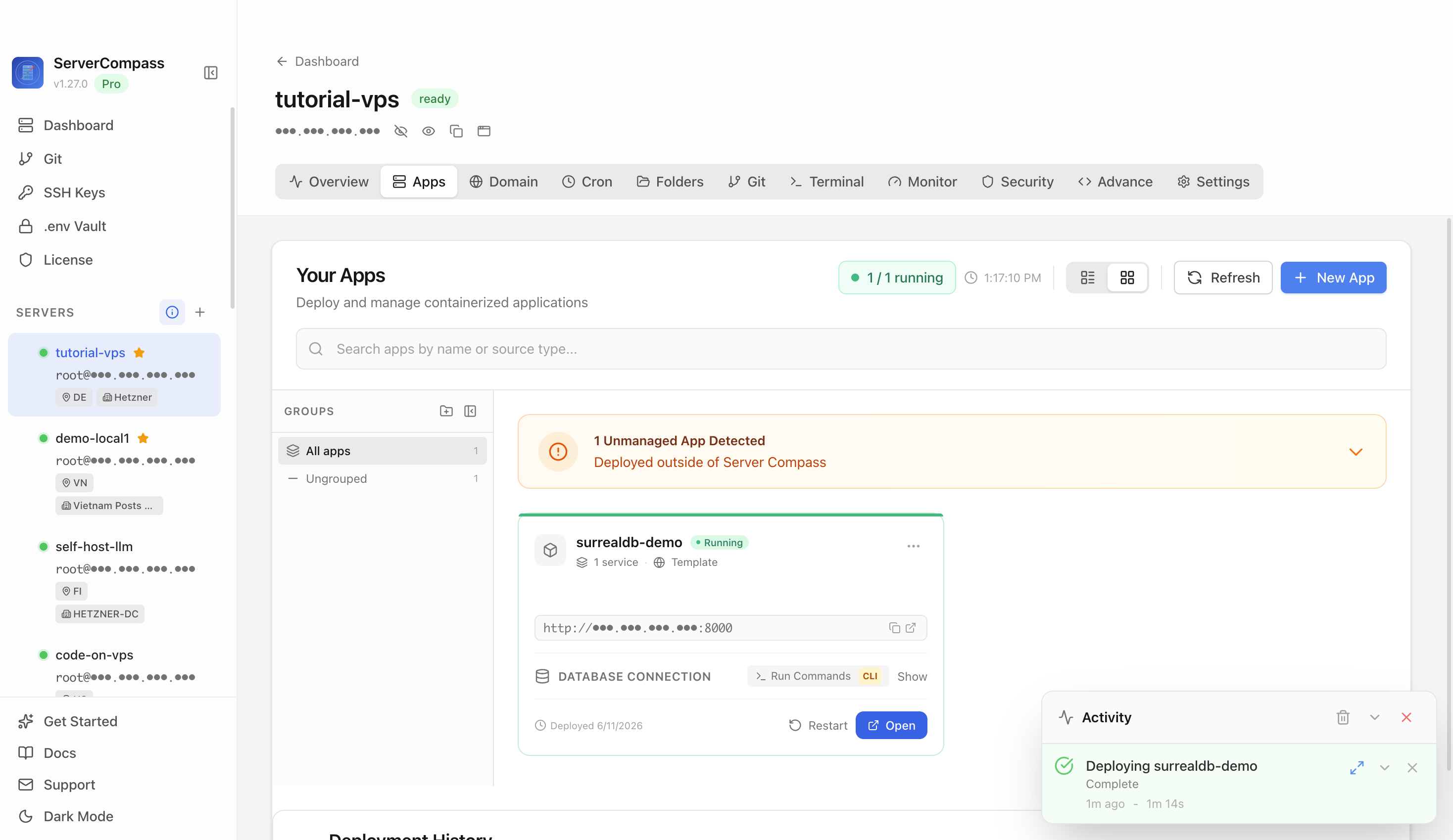 SurrealDB template running in the Server Compass Apps tab