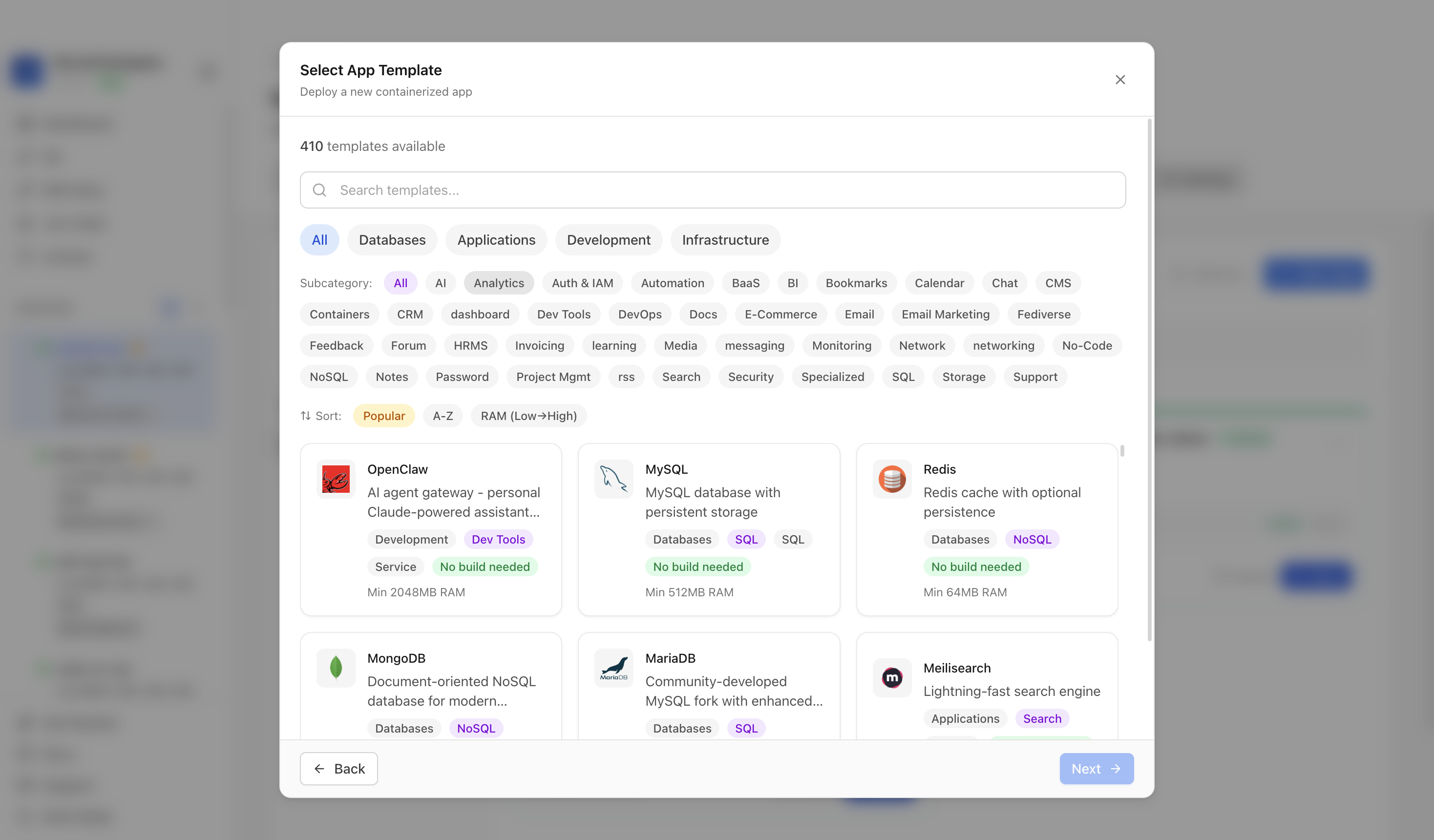 Choosing to deploy an app from a Server Compass template