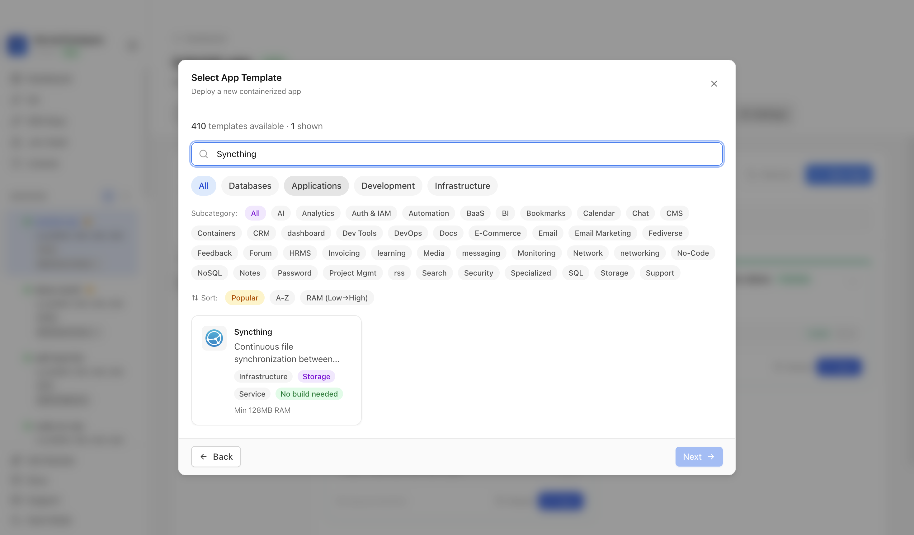 Searching for Syncthing in the Server Compass template picker