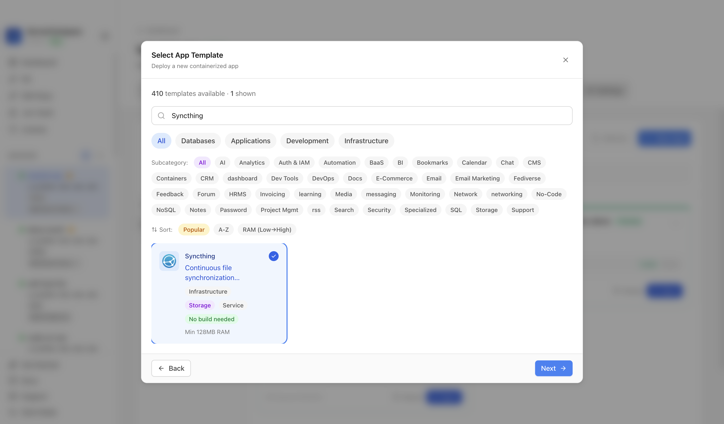 Syncthing template selected in Server Compass
