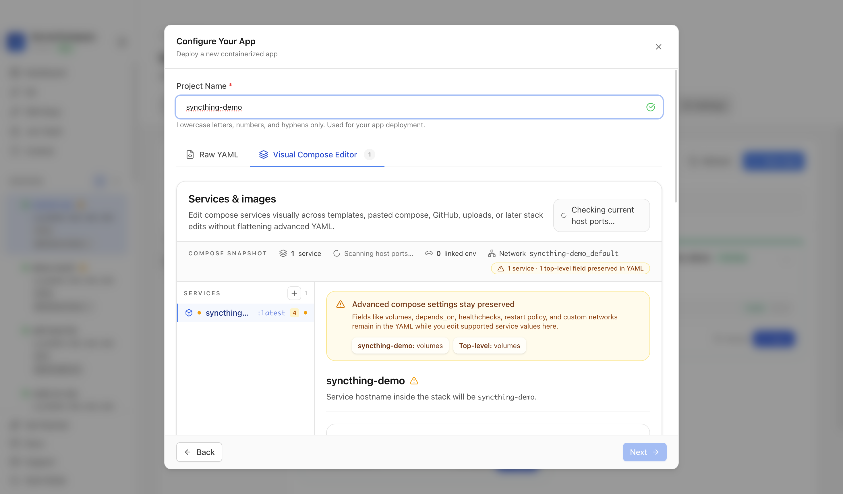 Reviewing Syncthing project settings and compose service
