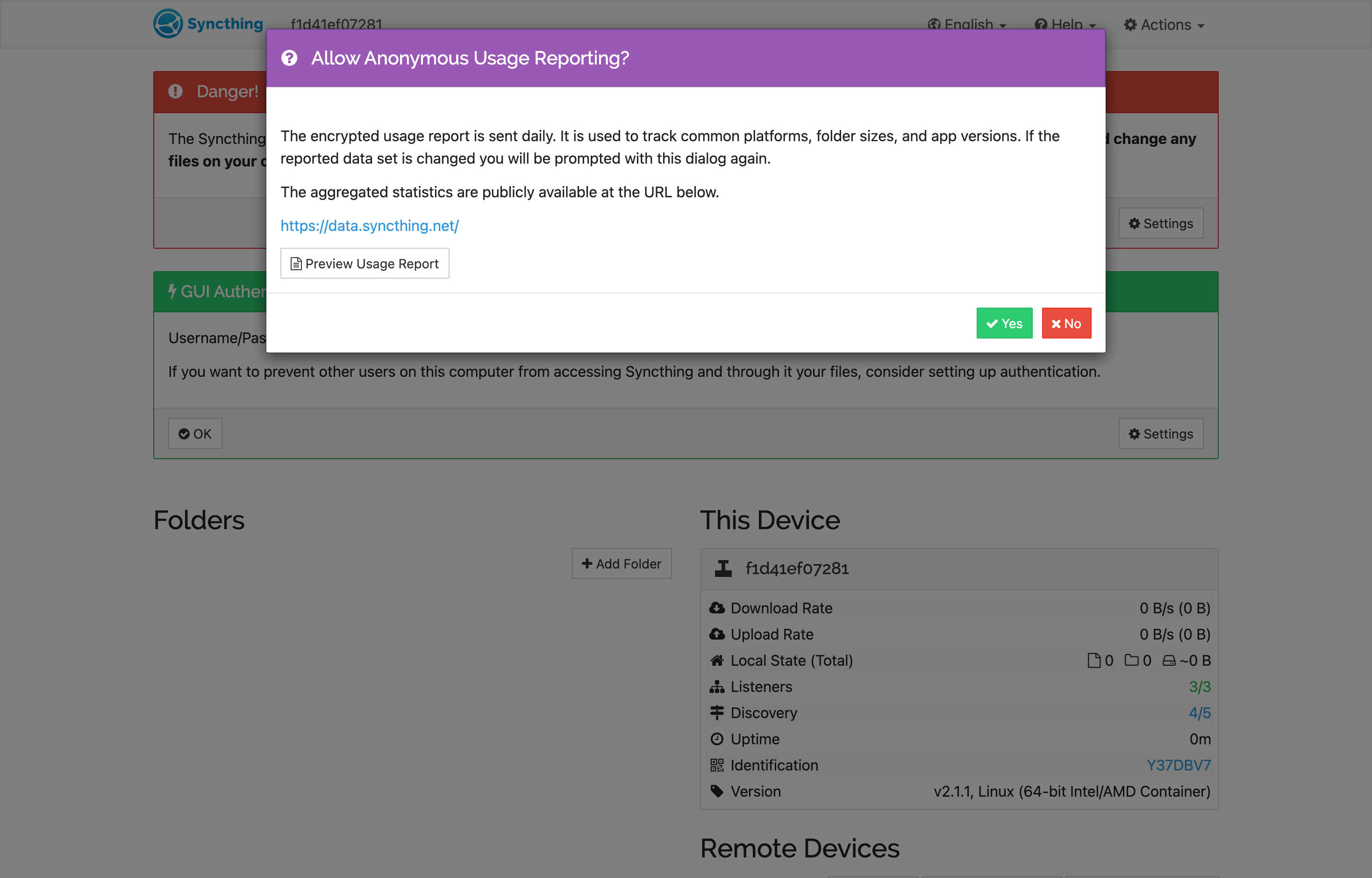 The deployed Syncthing web UI loaded in a browser