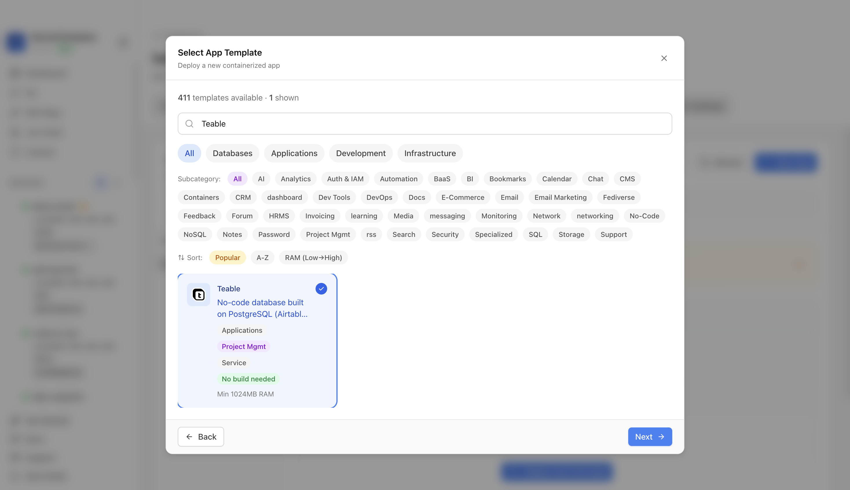 Teable template selected in Server Compass