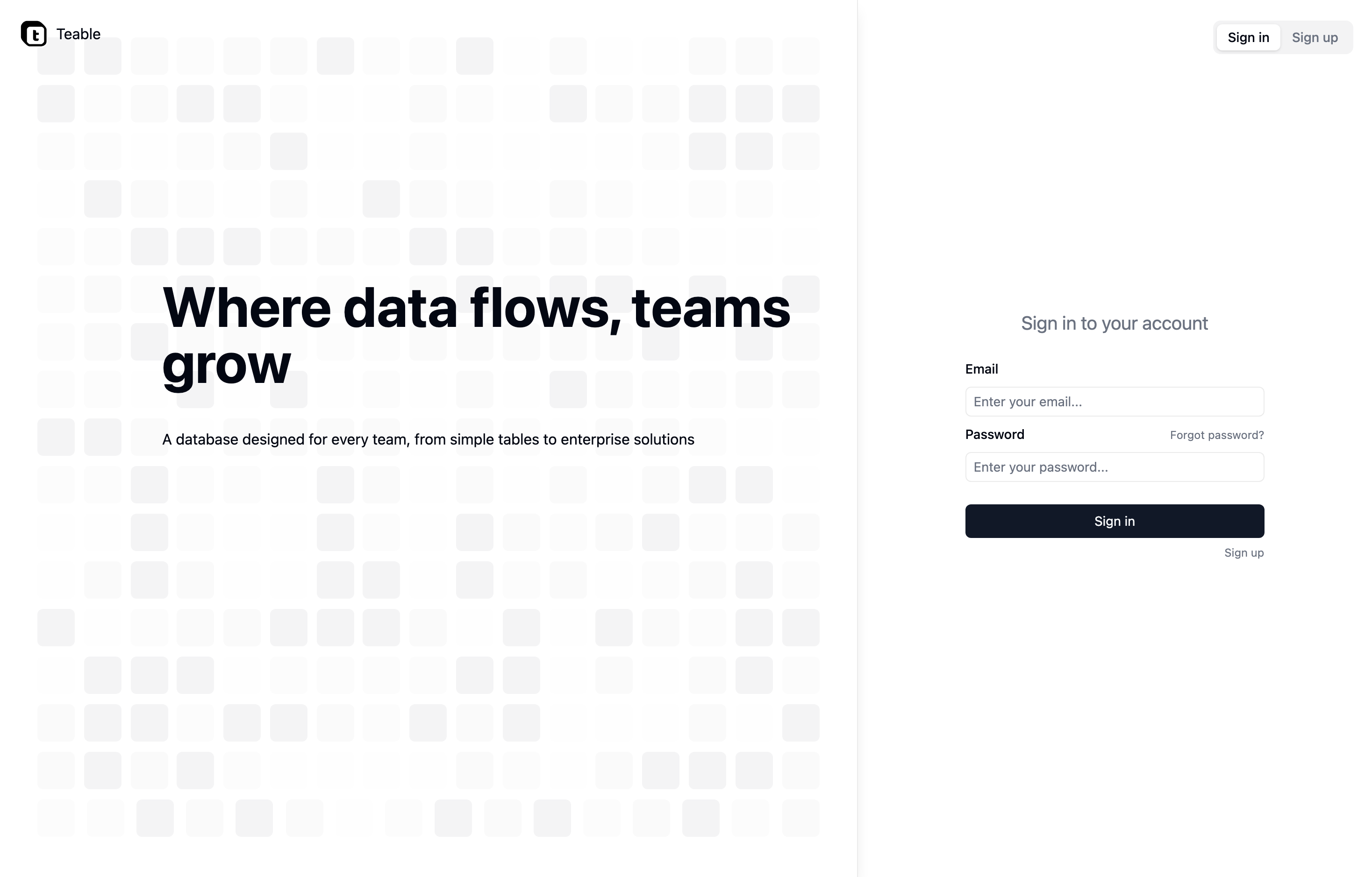 The deployed Teable web UI loaded in a browser