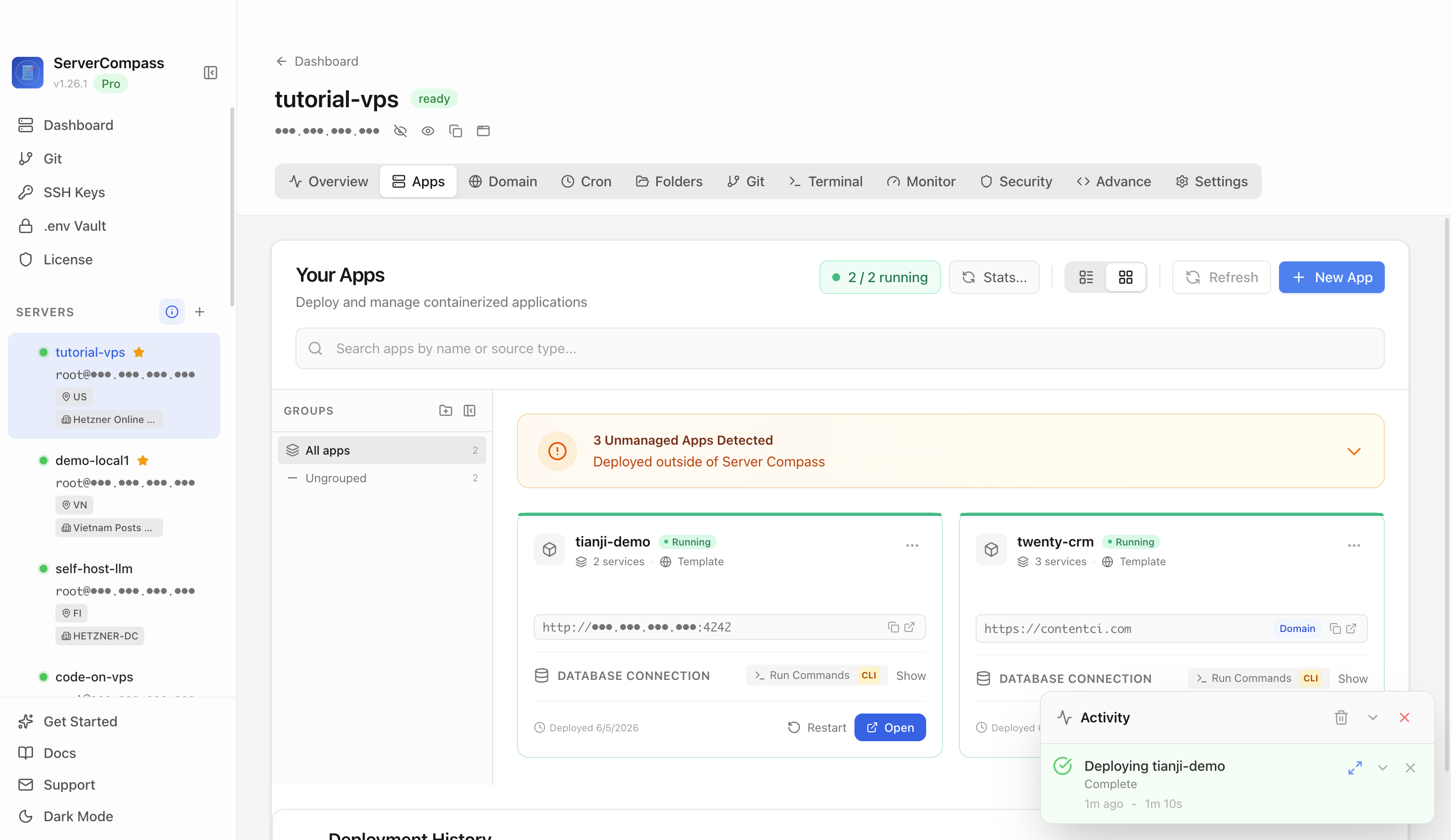 Tianji template running in the Server Compass Apps tab