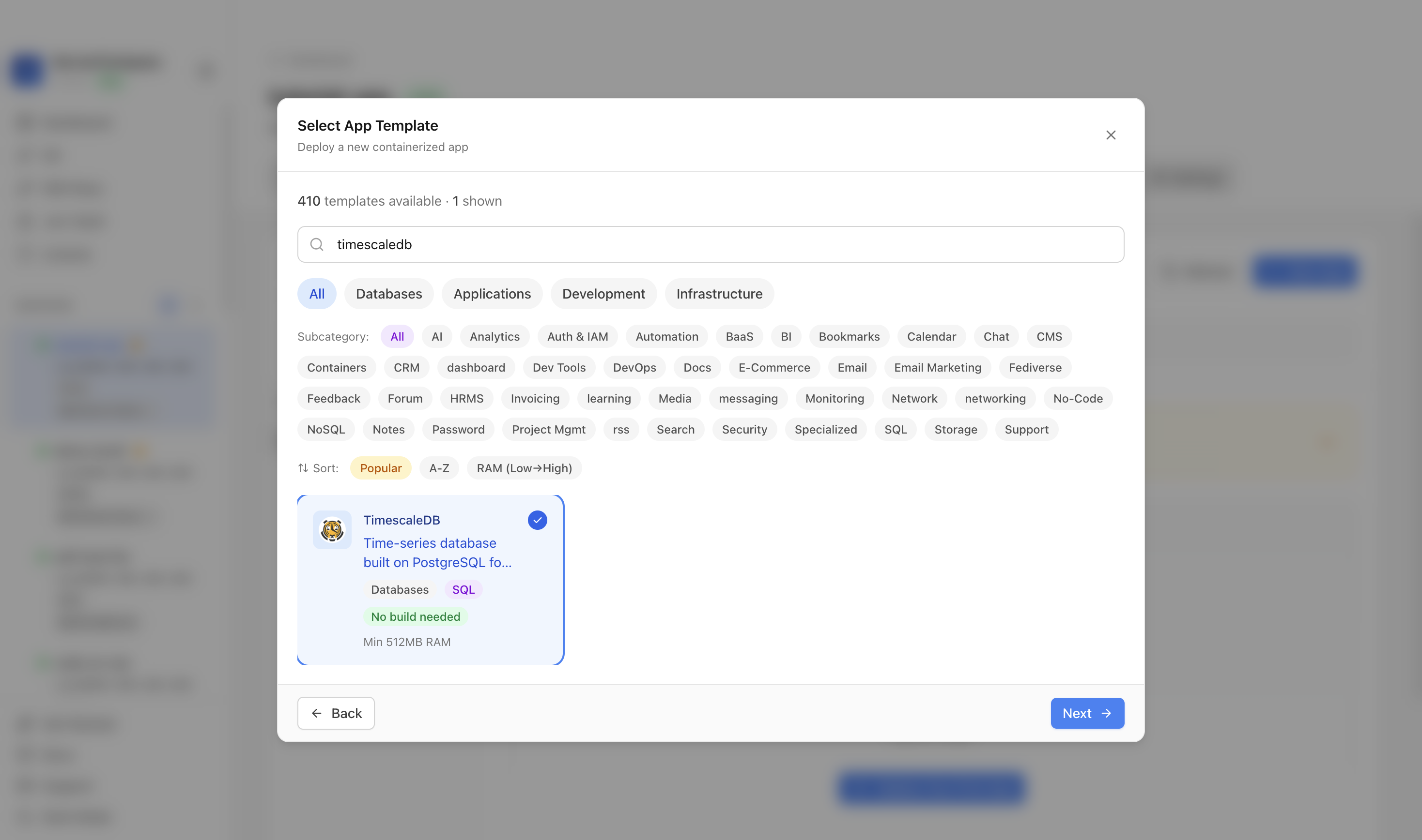 TimescaleDB template selected in Server Compass