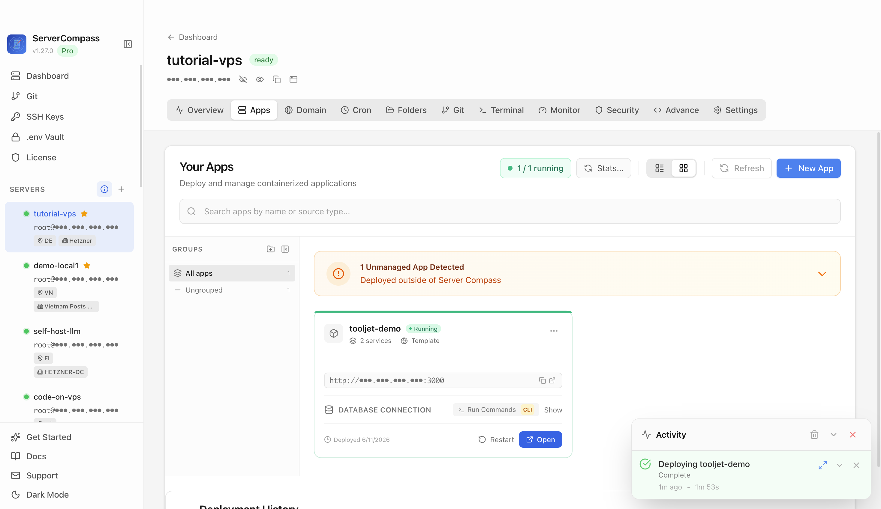 ToolJet template running in the Server Compass Apps tab