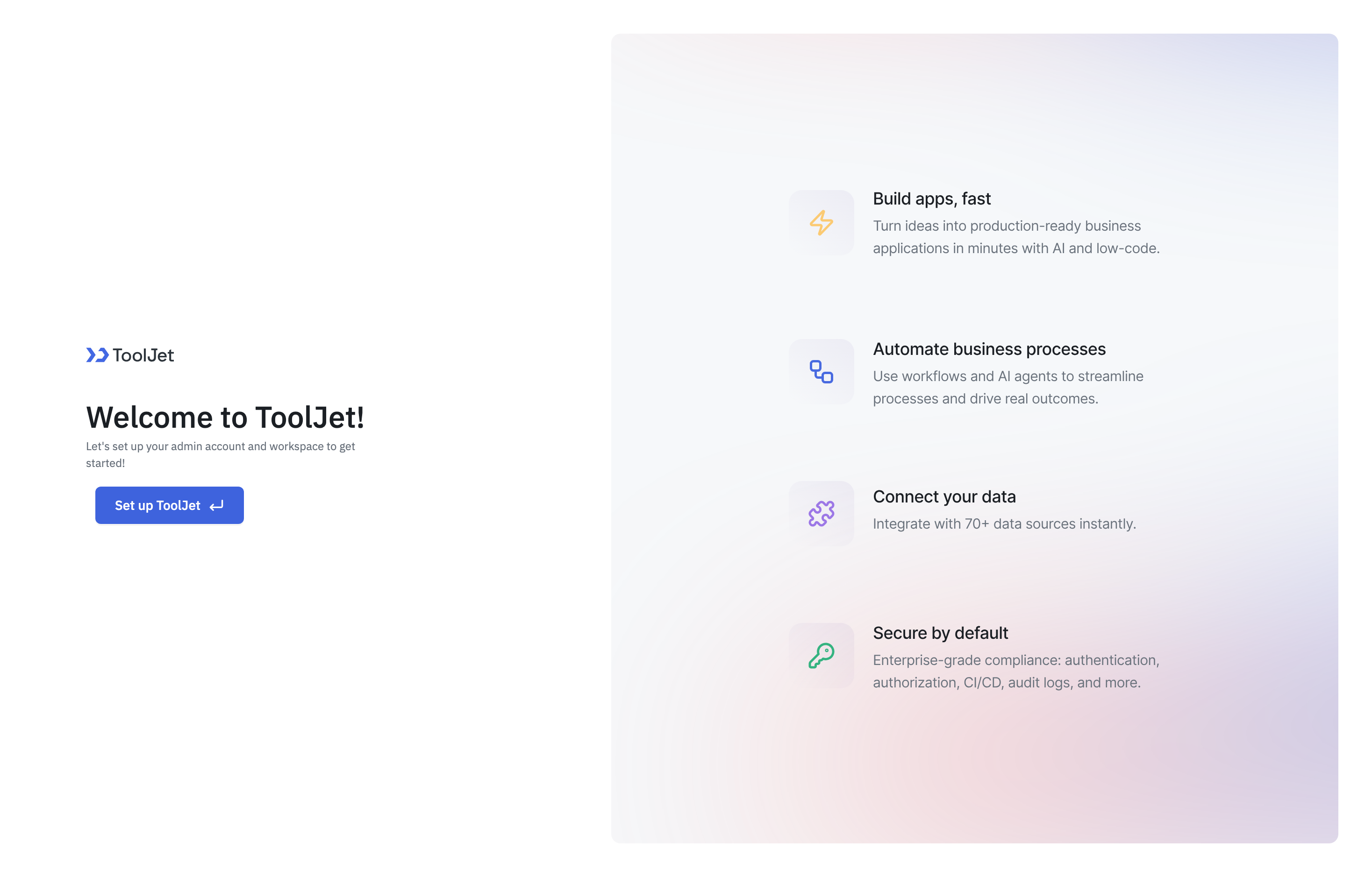 The deployed ToolJet web UI loaded in a browser