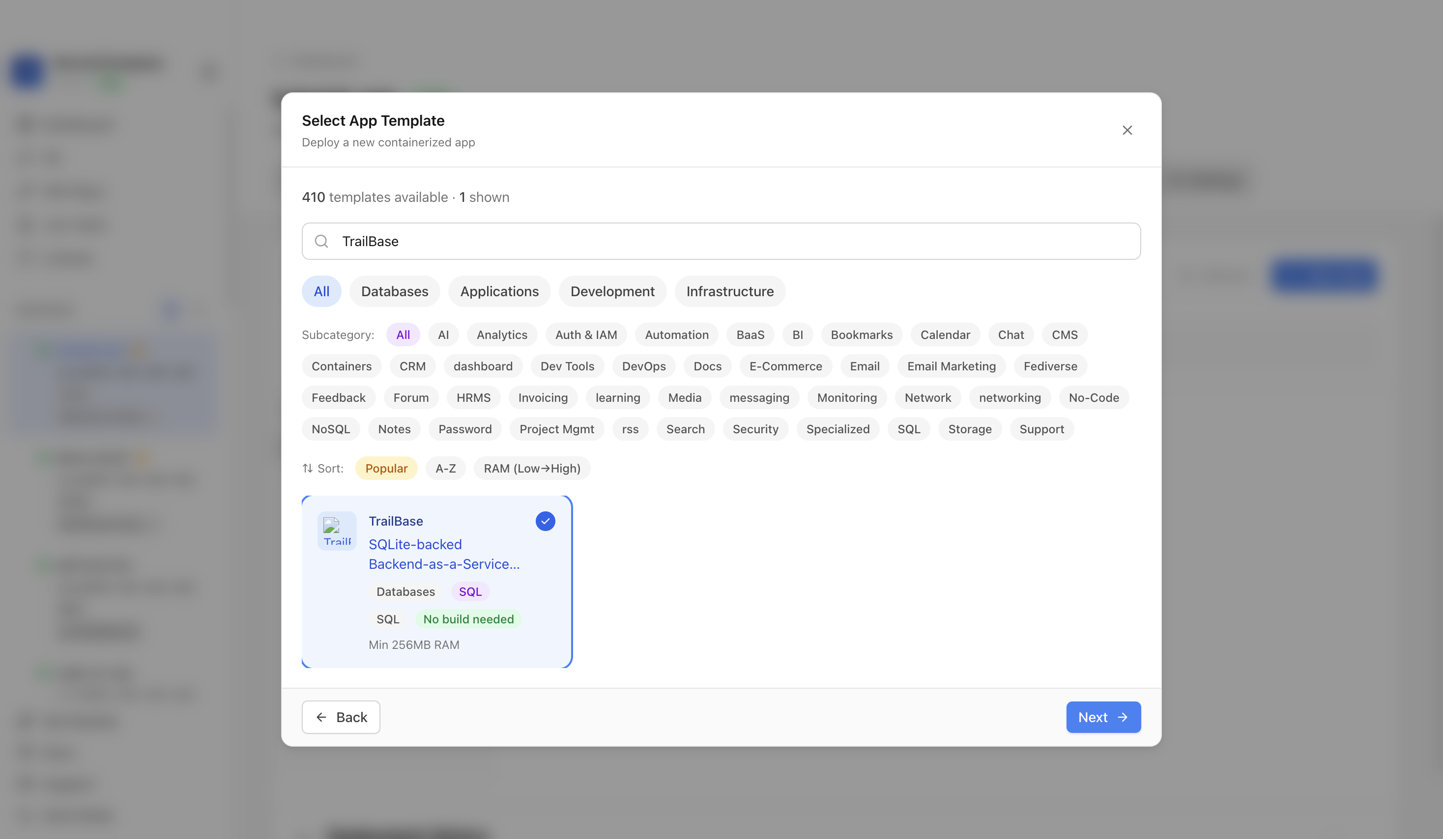 TrailBase template selected in Server Compass