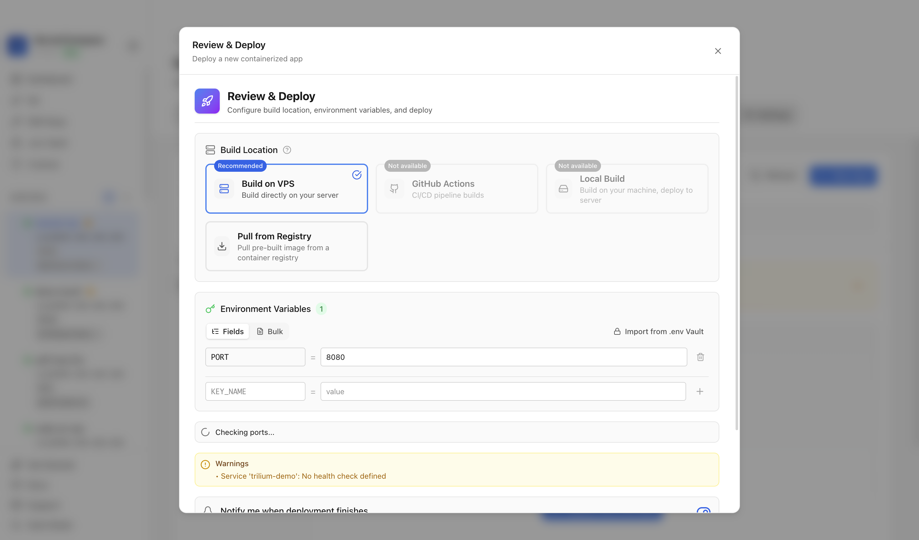 Reviewing TriliumNext environment variables and port before deployment