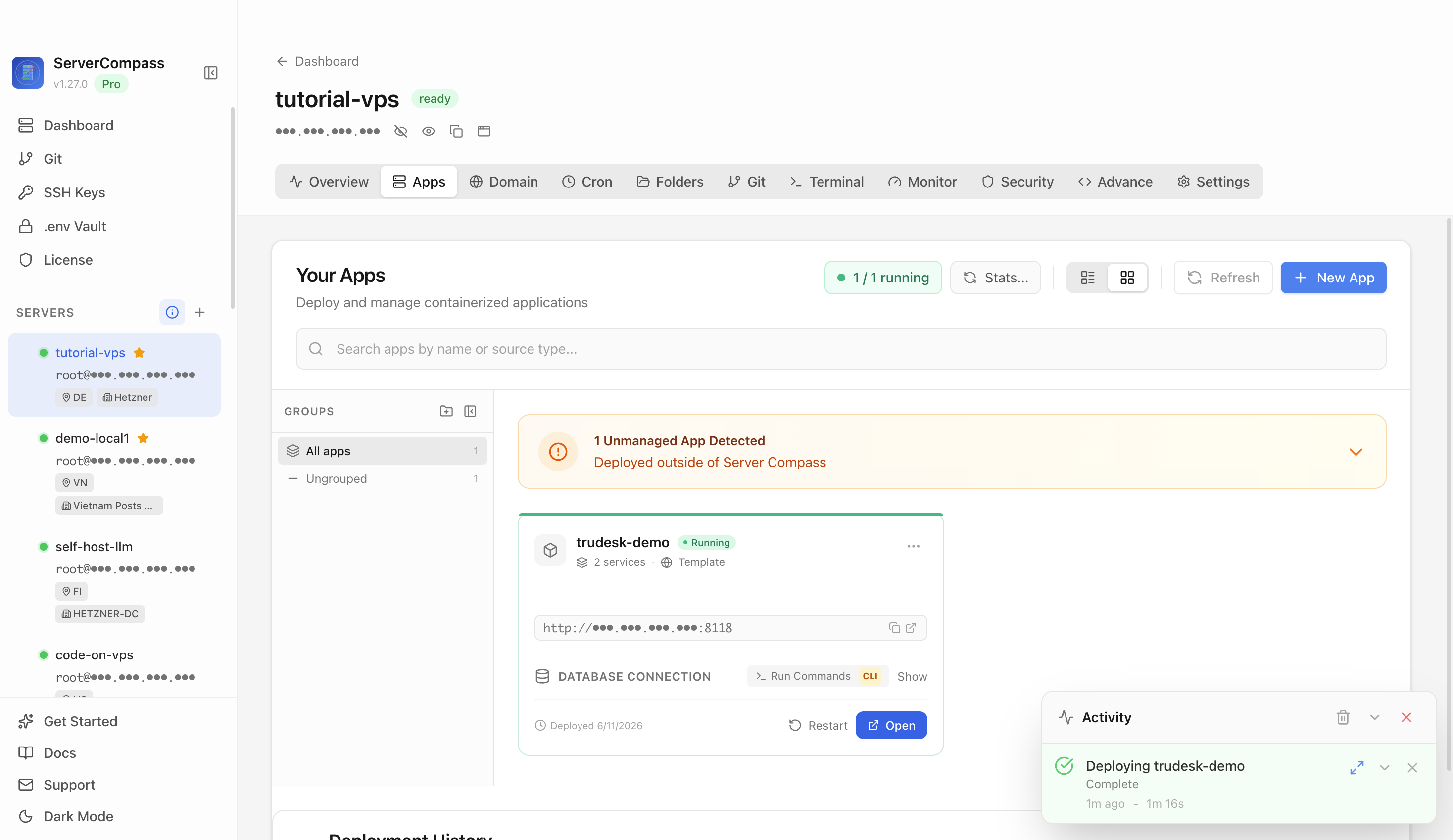 Trudesk template running in the Server Compass Apps tab