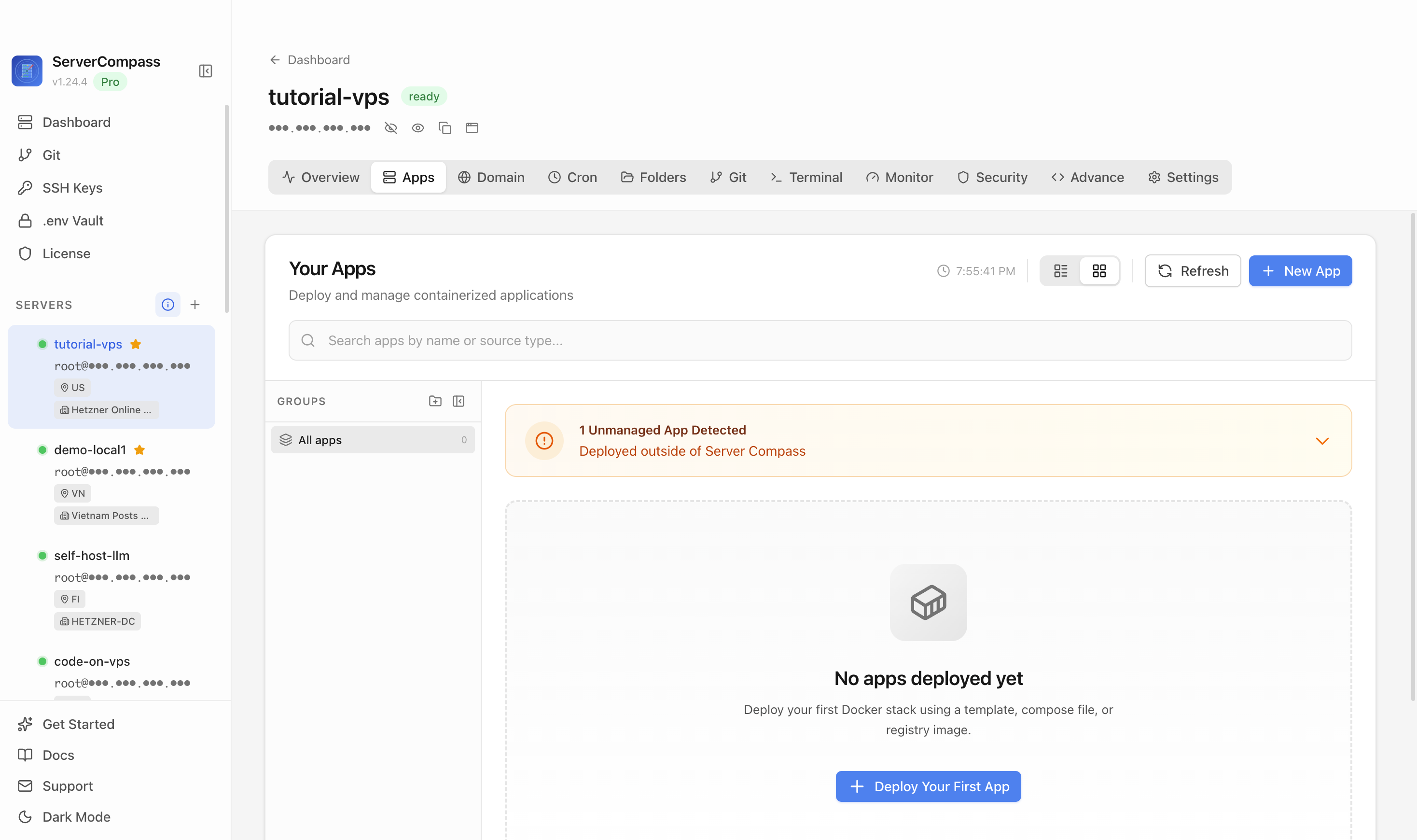 Server Compass Apps tab before creating a Twenty CRM app