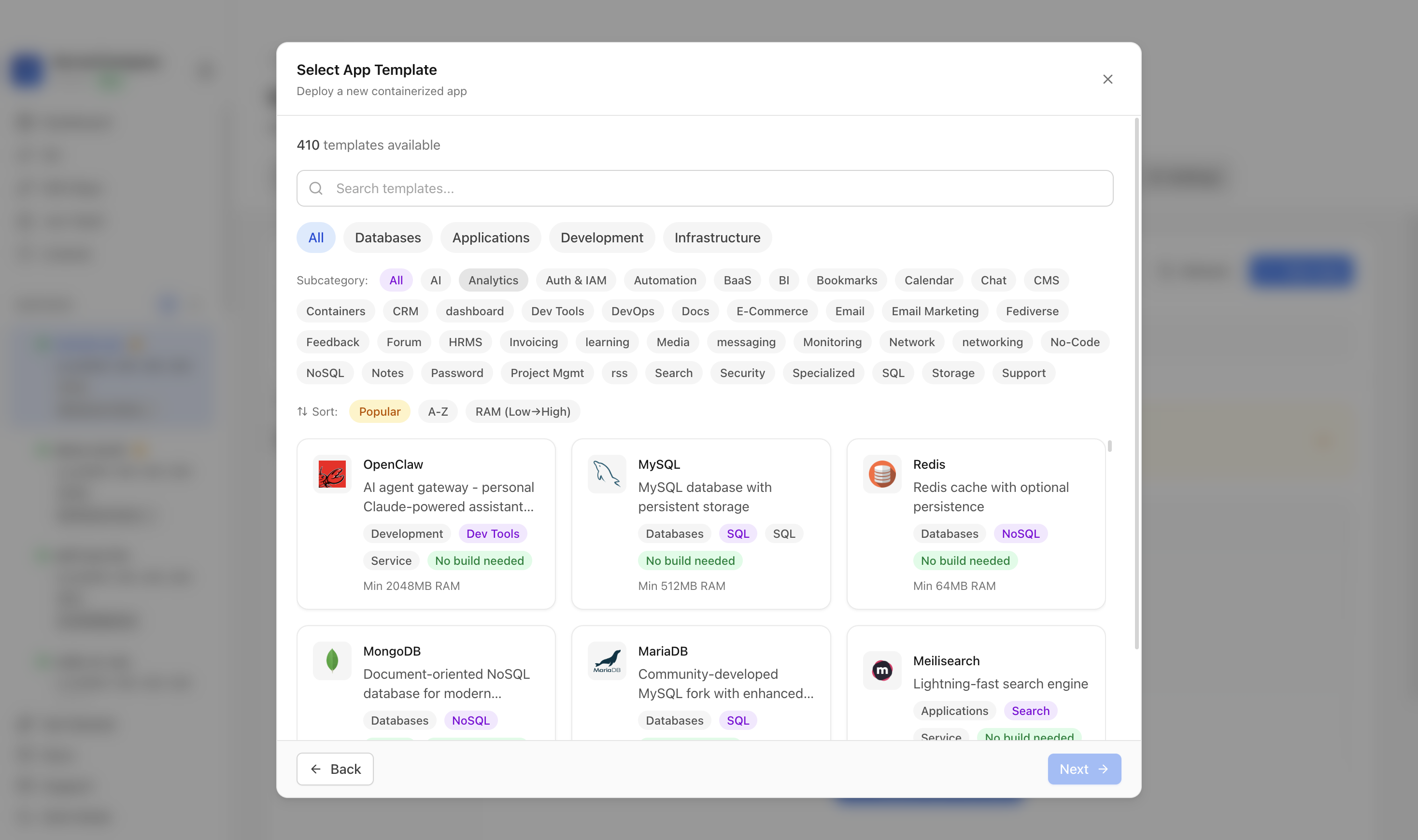 Choosing to deploy an app from a Server Compass template