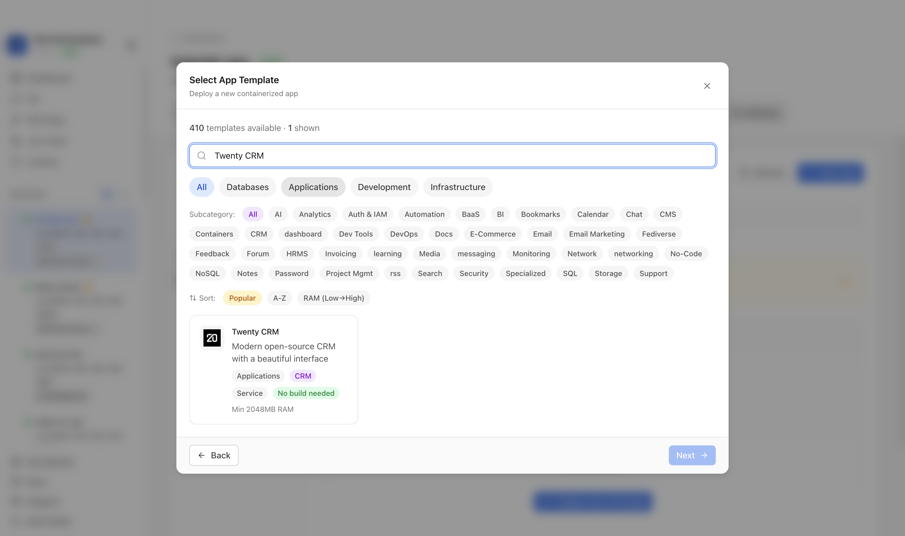 Searching for Twenty CRM in the Server Compass template picker