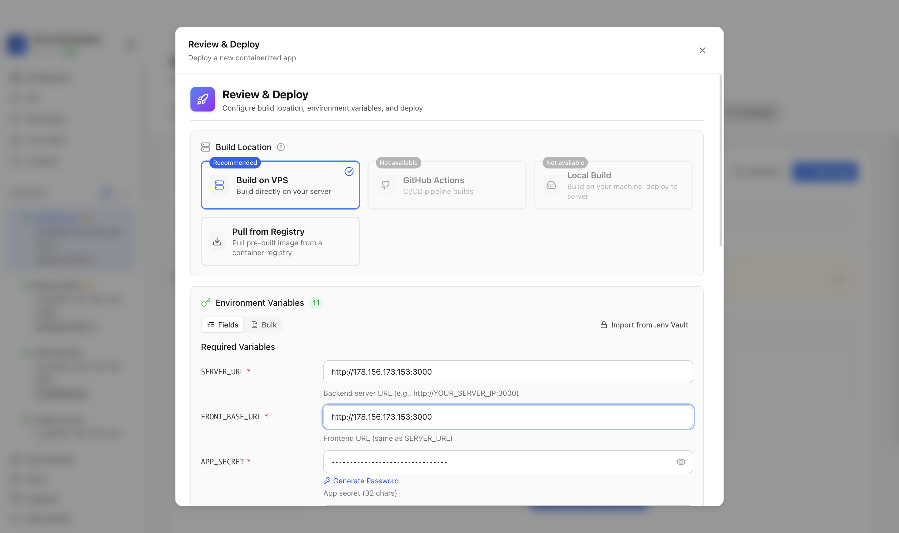 Reviewing Twenty CRM URLs, secrets, database settings, and port before deployment