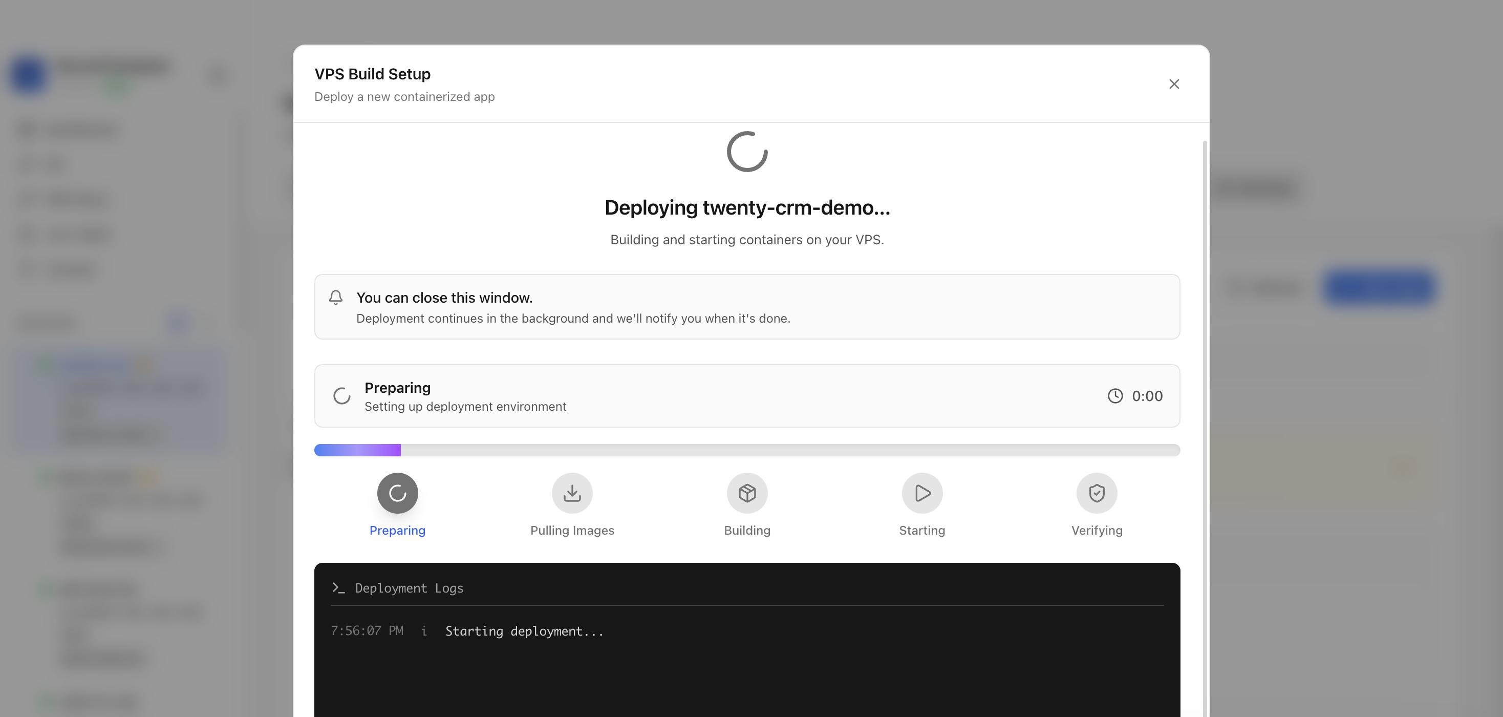 Server Compass deploying the Twenty CRM template on the VPS