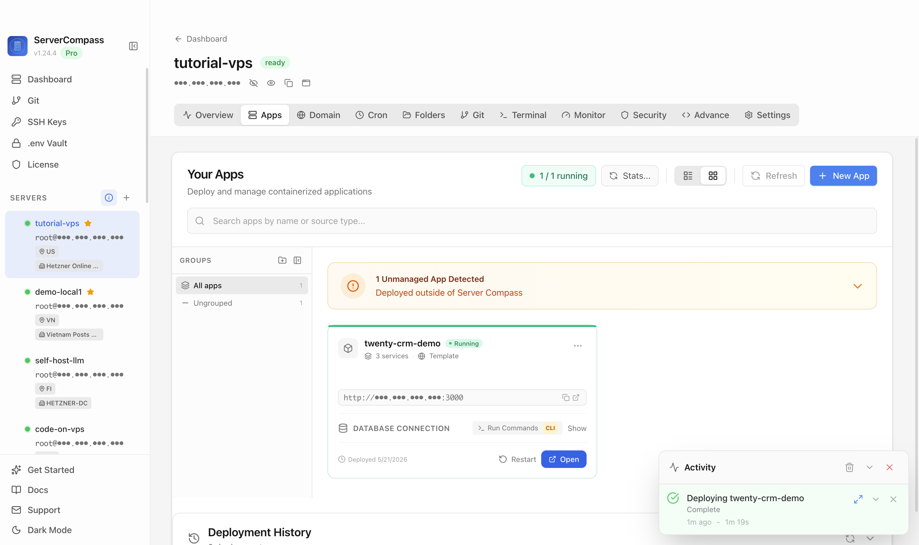 Twenty CRM template running in the Server Compass Apps tab
