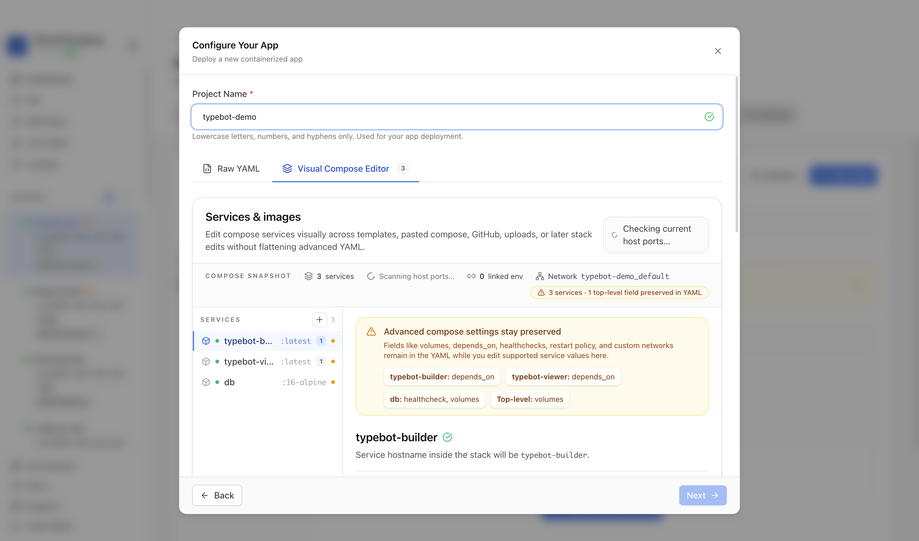 Reviewing Typebot project settings and compose services