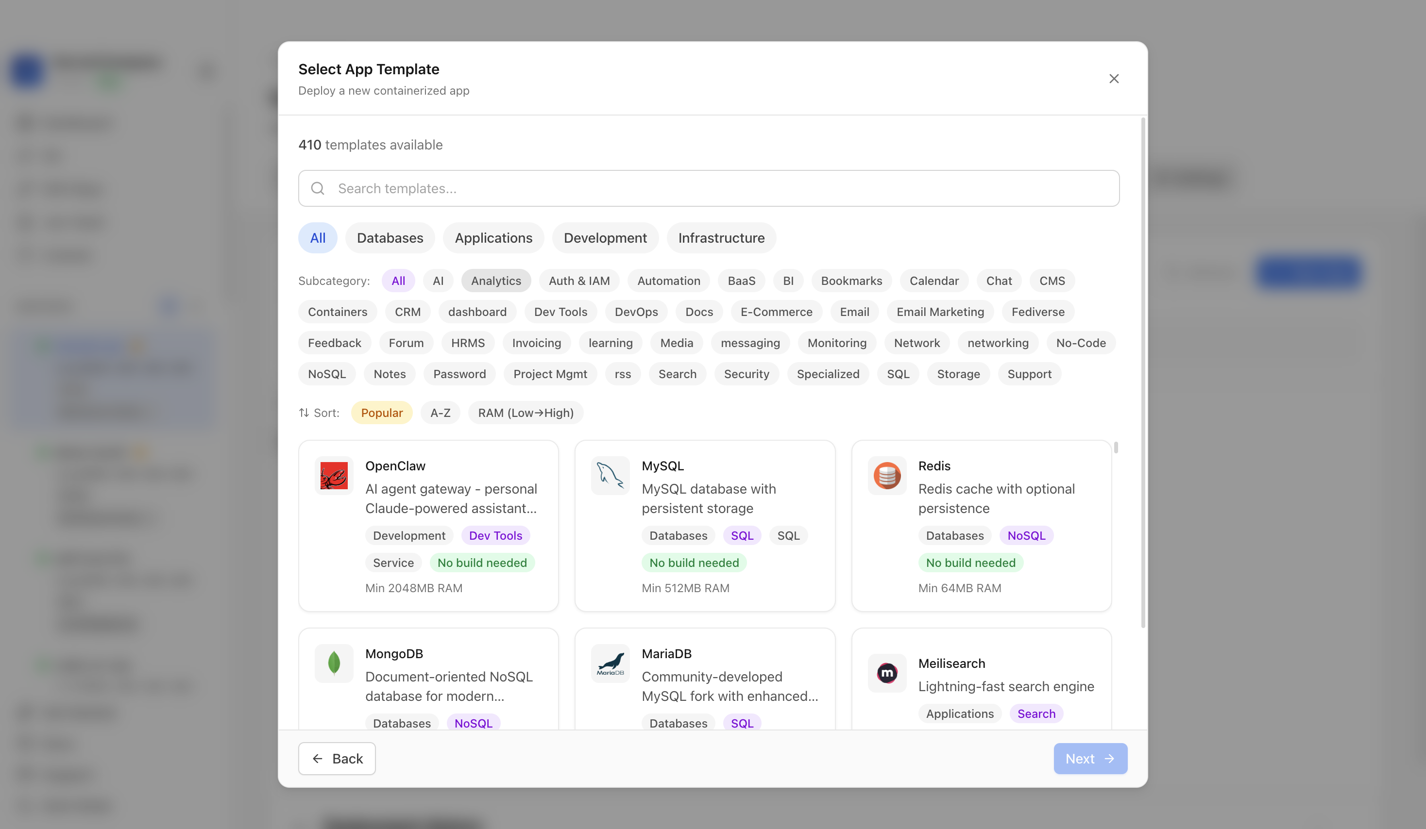 Choosing to deploy an app from a Server Compass template