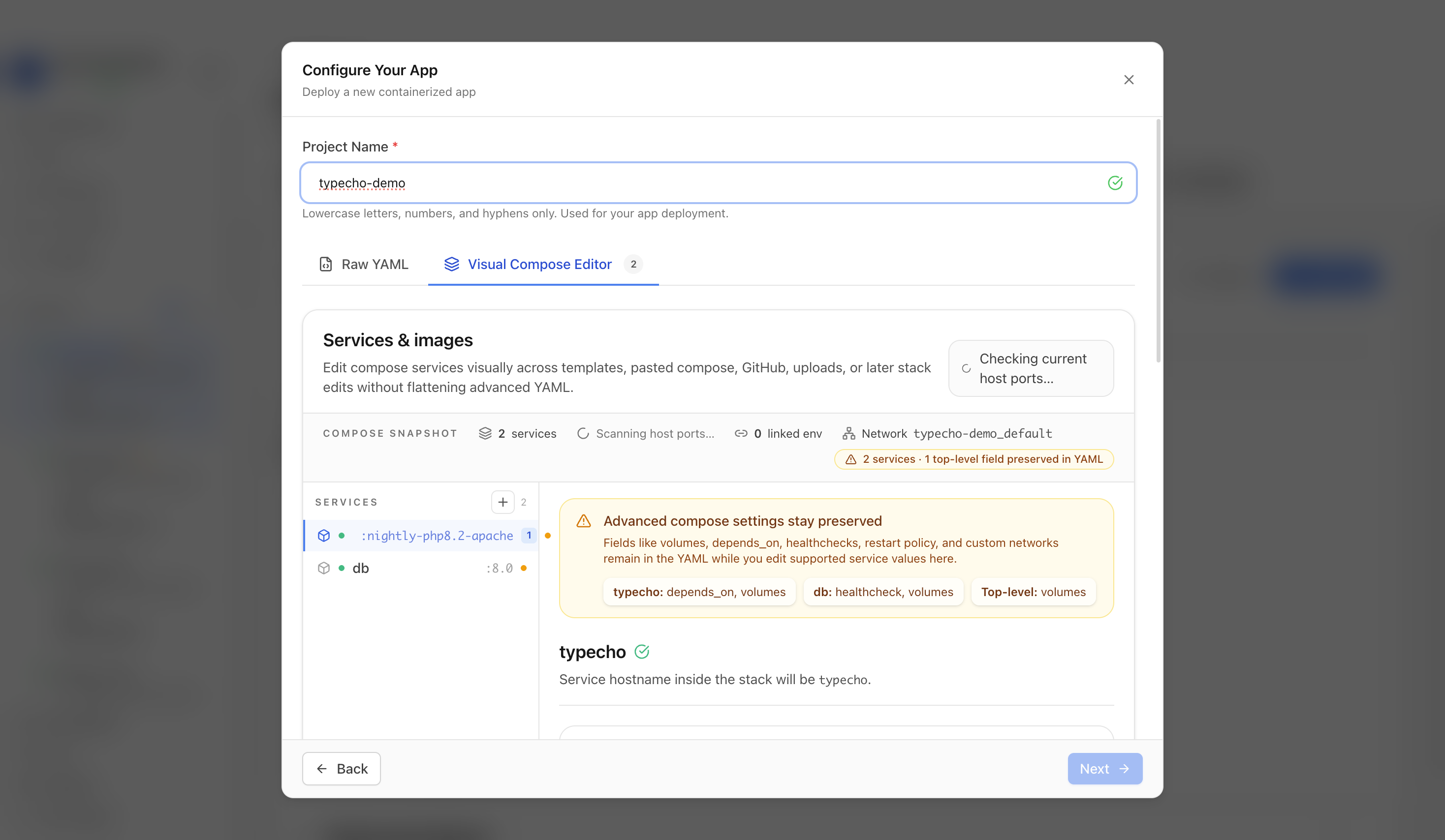 Reviewing Typecho project settings and compose service