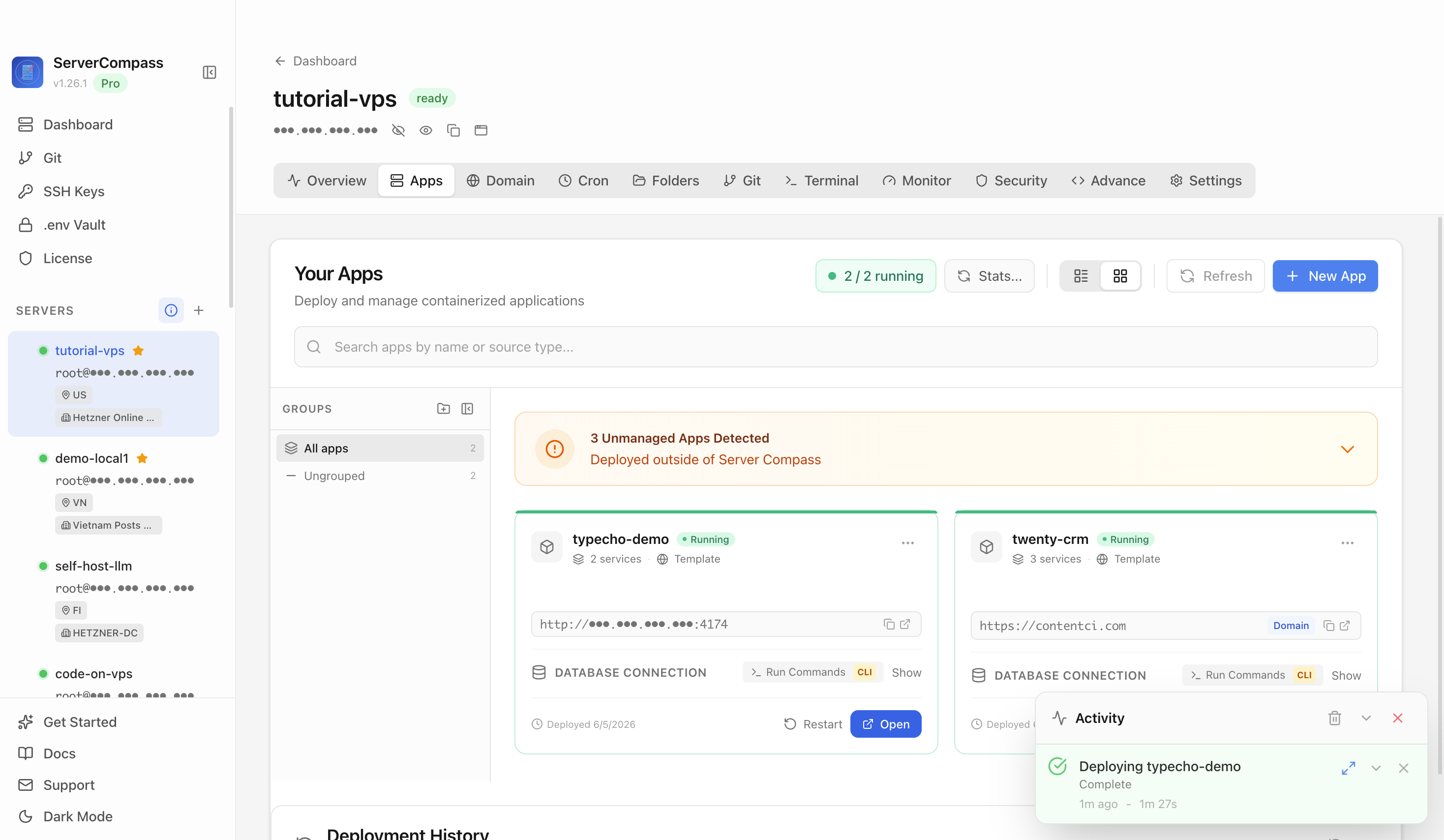 Typecho template running in the Server Compass Apps tab