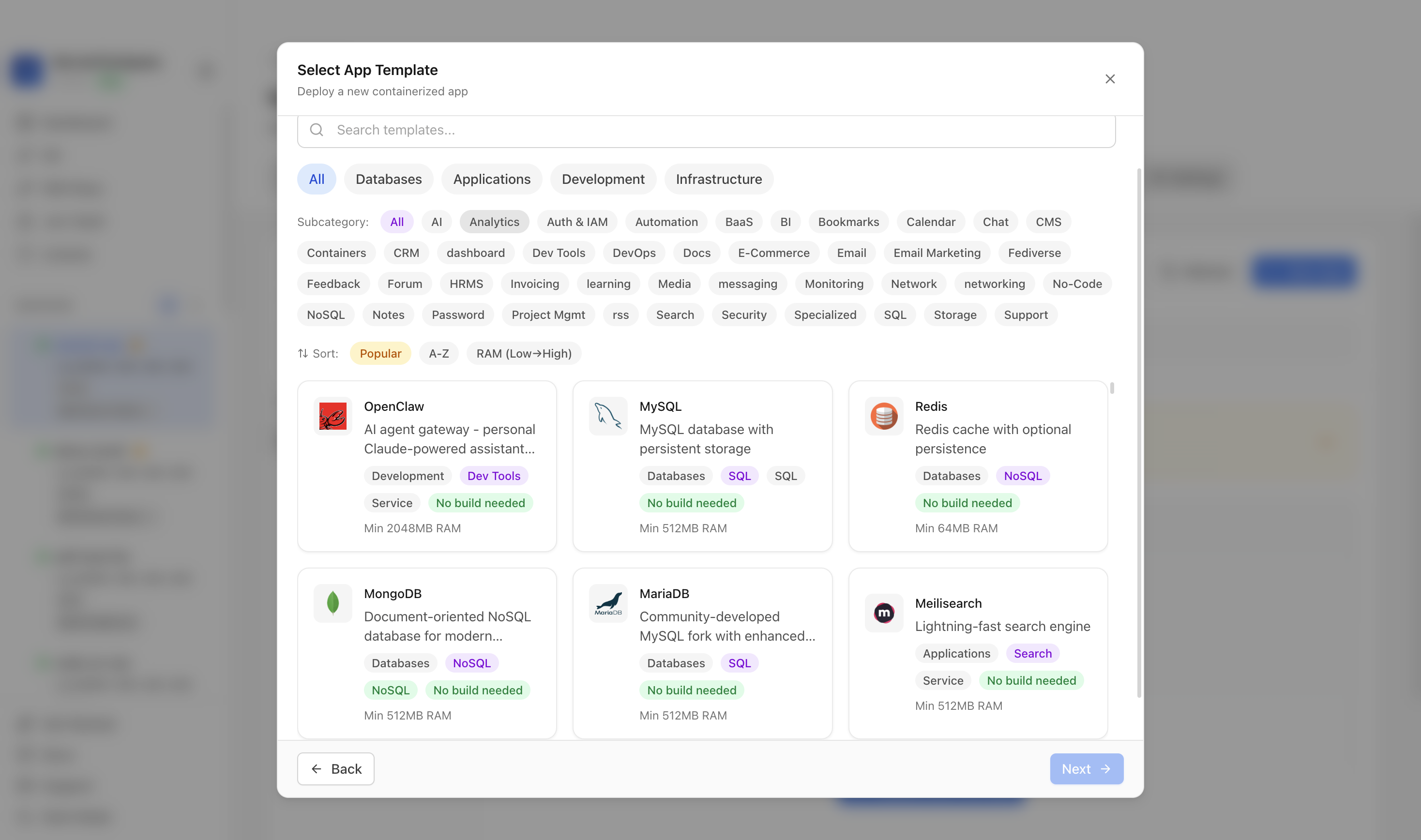 Choosing to deploy an app from a Server Compass template