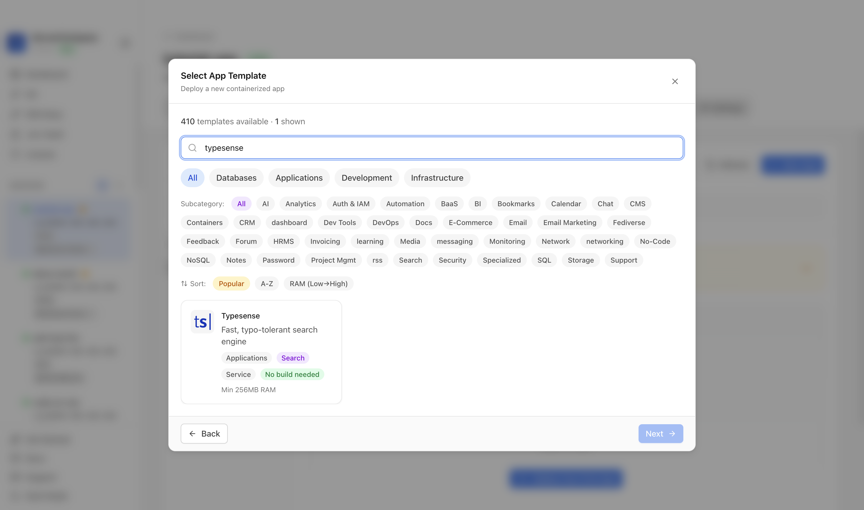 Searching for Typesense in the Server Compass template picker