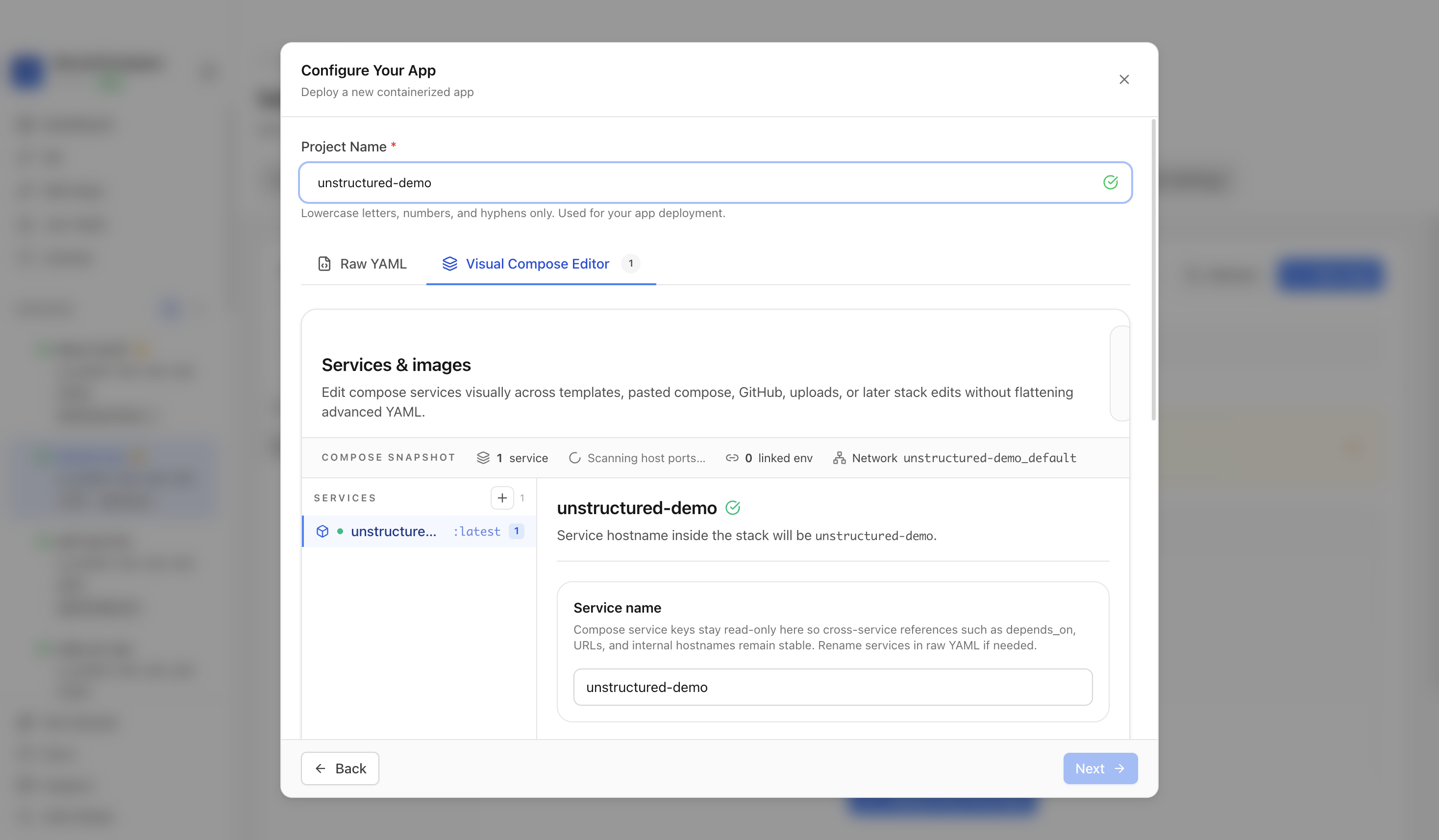 Reviewing Unstructured project settings and compose services