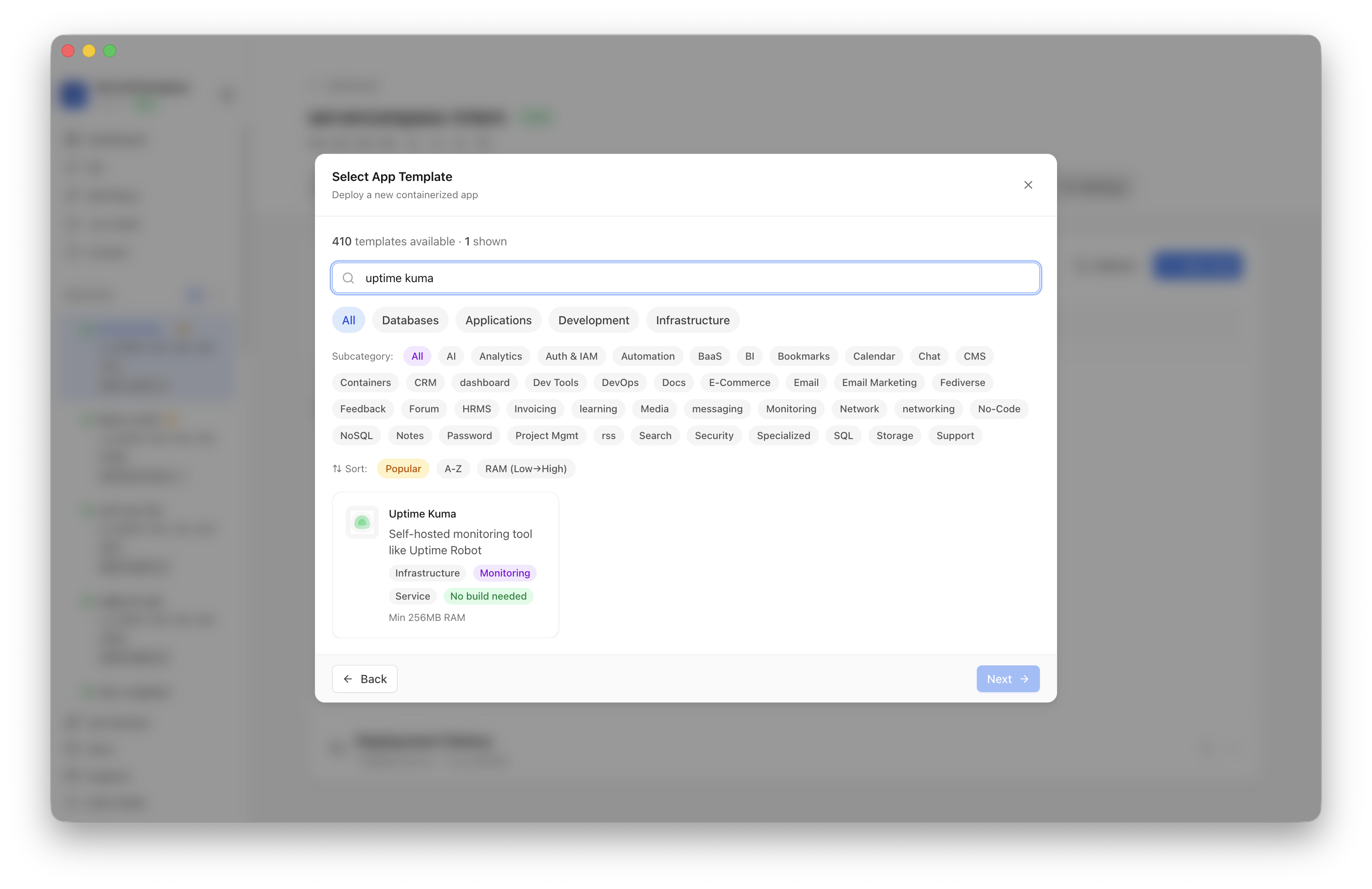 Searching for Uptime Kuma in the Server Compass template picker