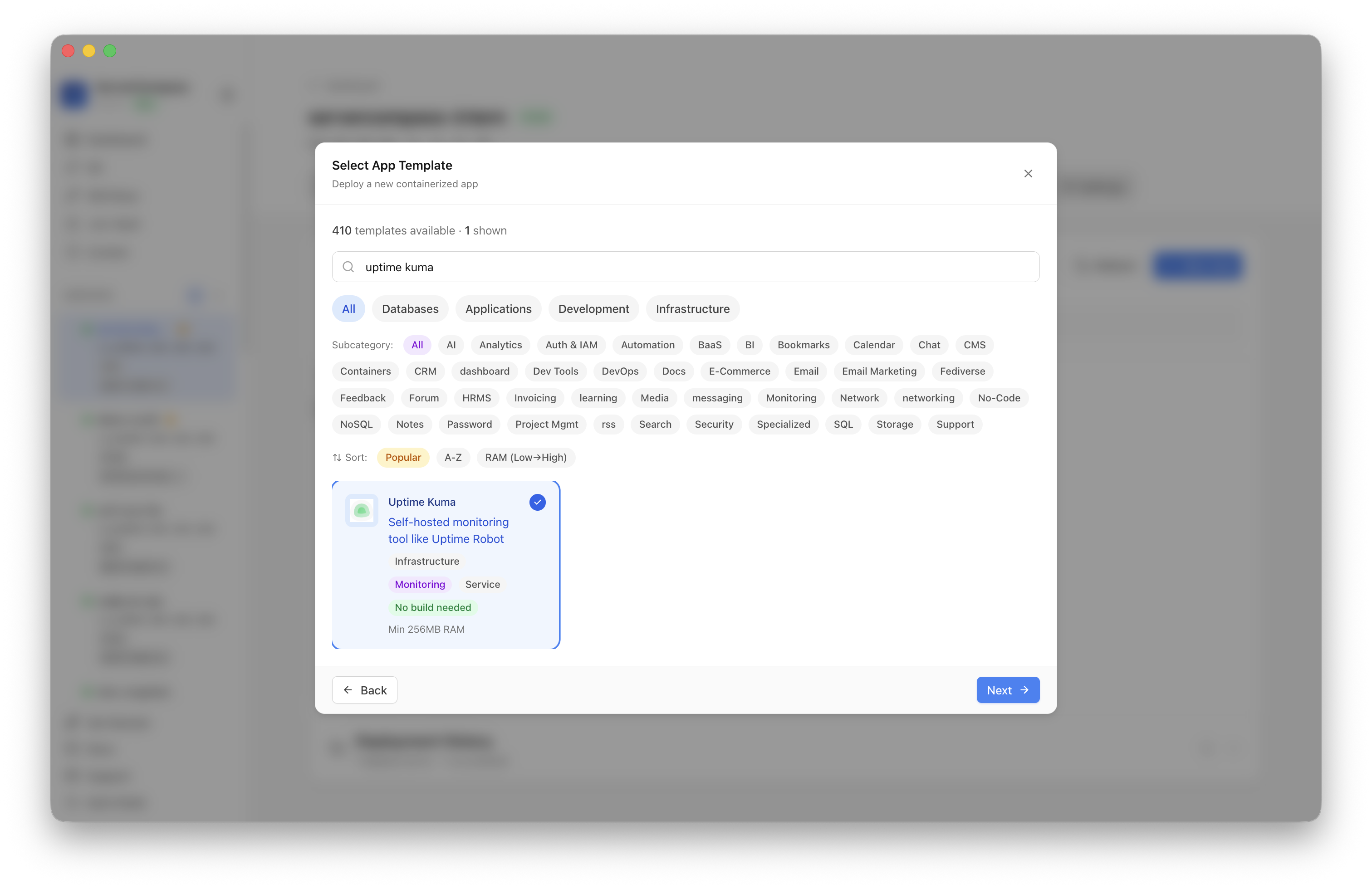 Uptime Kuma template selected in Server Compass
