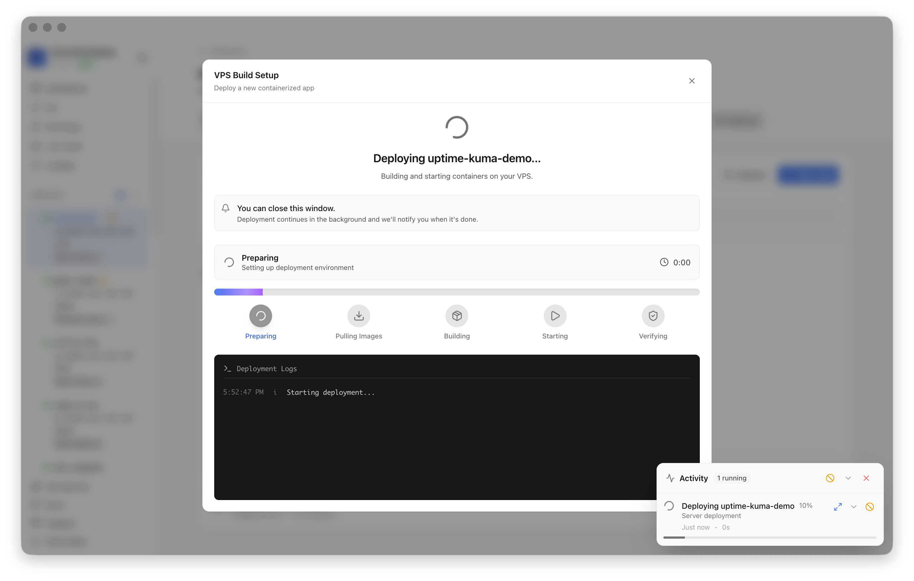 Server Compass deployment progress for Uptime Kuma