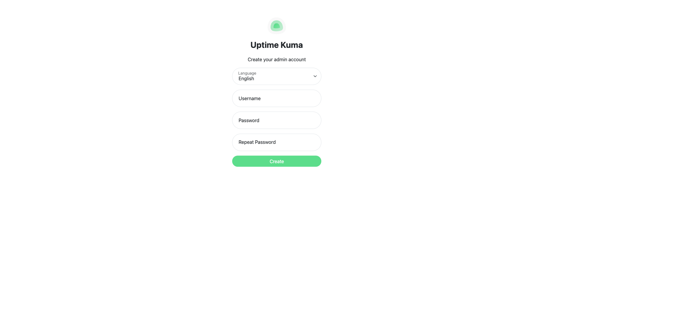 Uptime Kuma first-run setup page loaded in a browser
